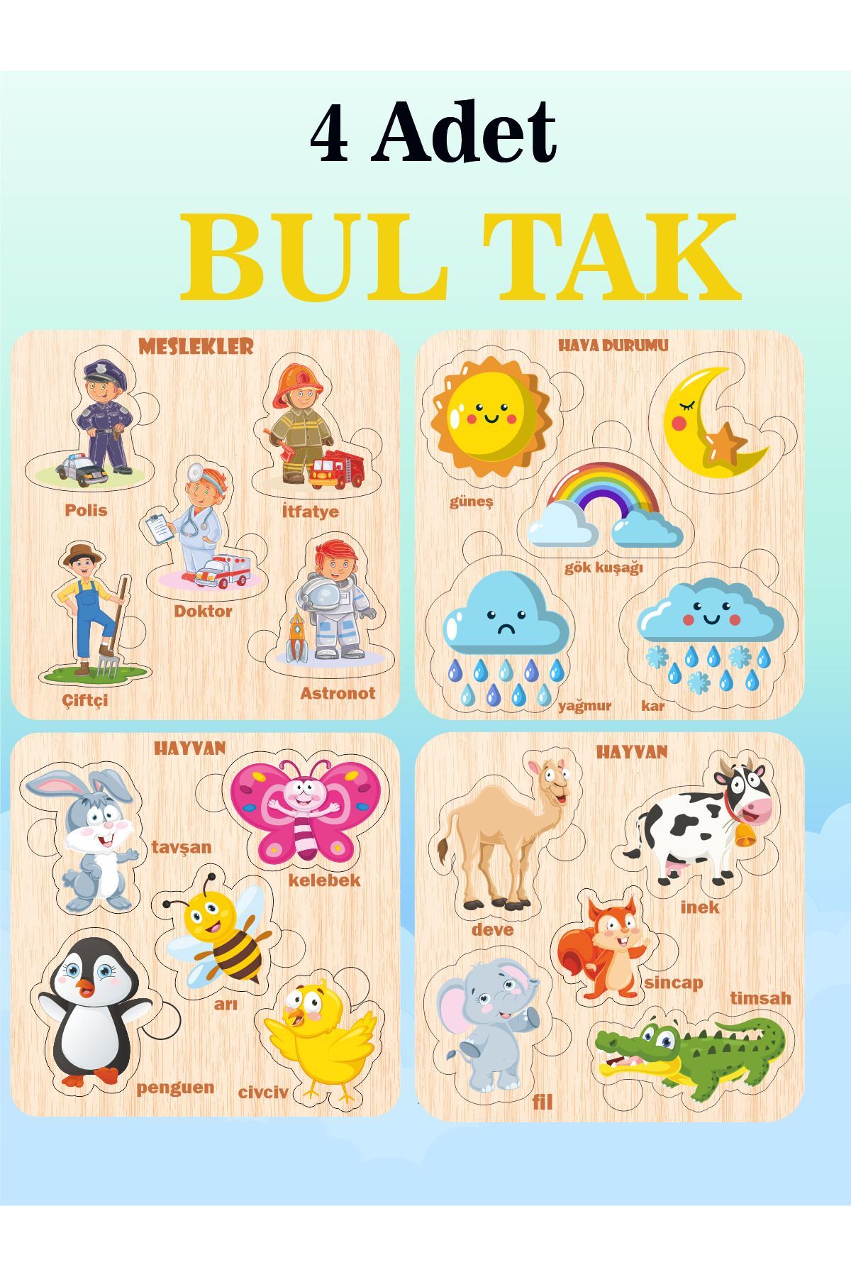 ASE DİZAYN Ahşap çocuk puzzle Meslek,hayvanlar,hava durumu BUL-TAK
