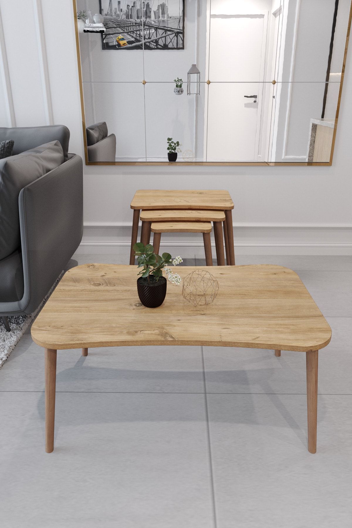 Esma Coffee Table and Zigon Coffee Table 4-Piece Living Room Set with Wooden Legs Coffee Table - Pine