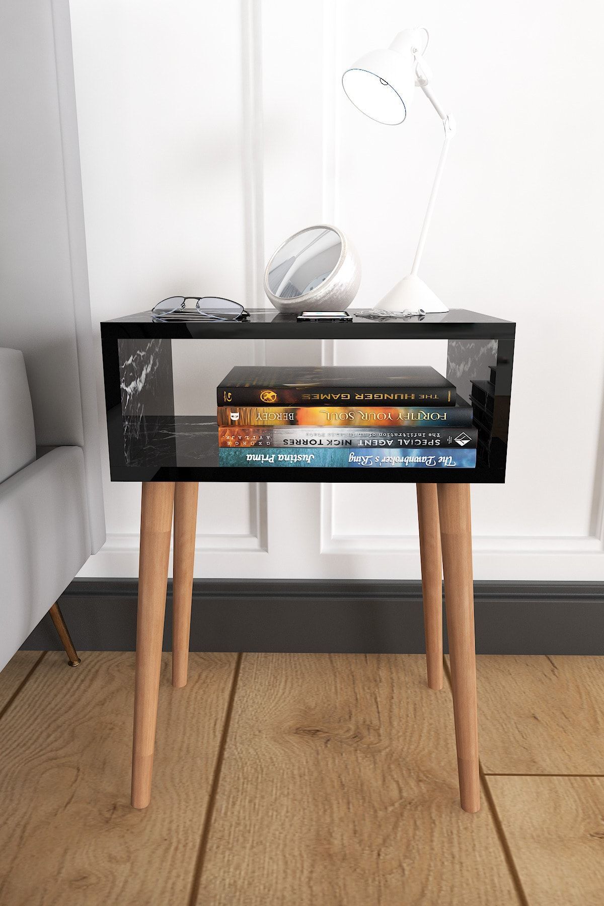 Ceren Nightstand Bedroom with Wooden Legs without Drawer Bedside Nightstand – Black Marble