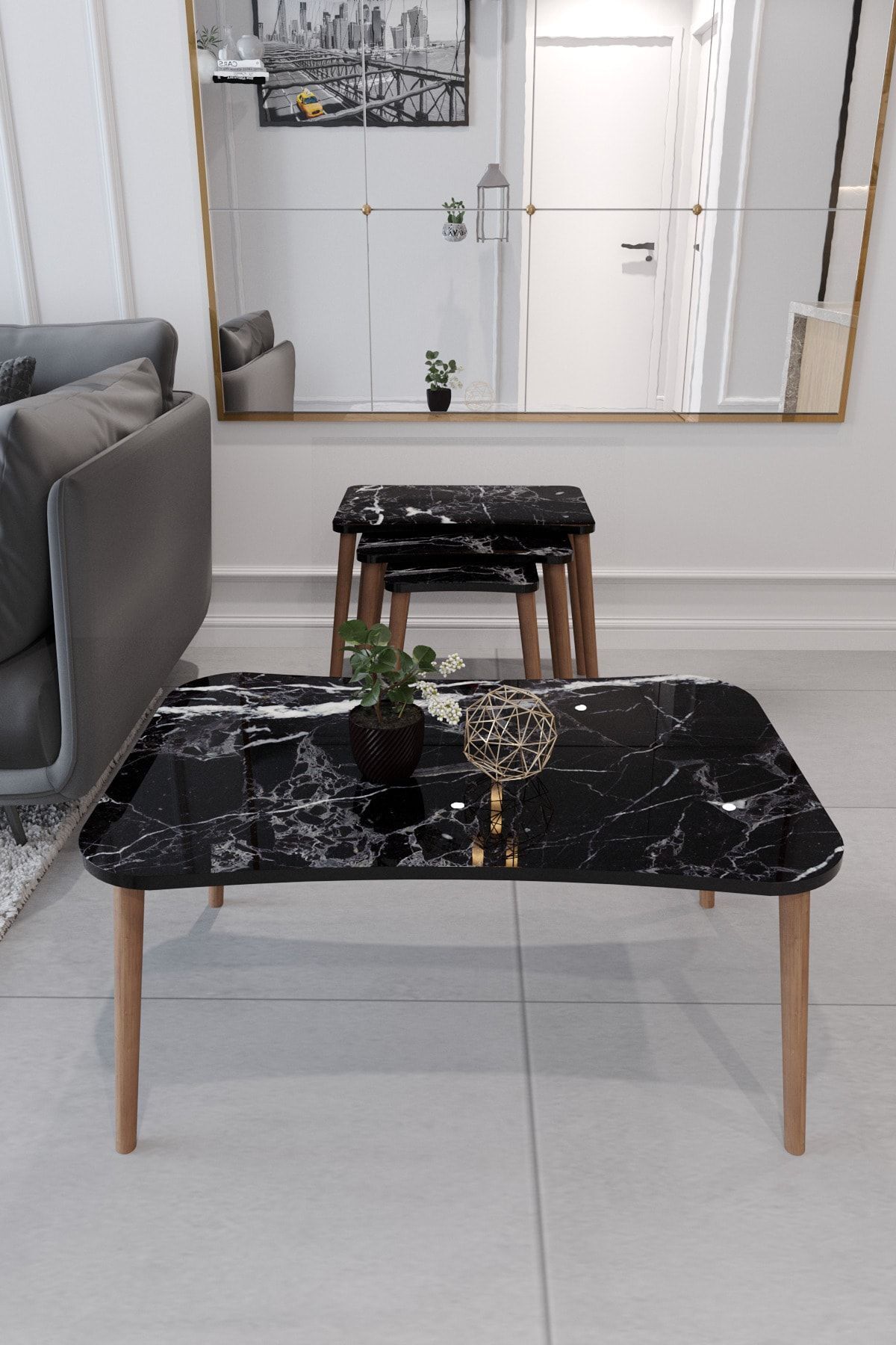 Esma Coffee Table and Zigon Coffee Table 4-Piece Living Room Set with Wooden Legs Coffee Table - Black Marble Pattern