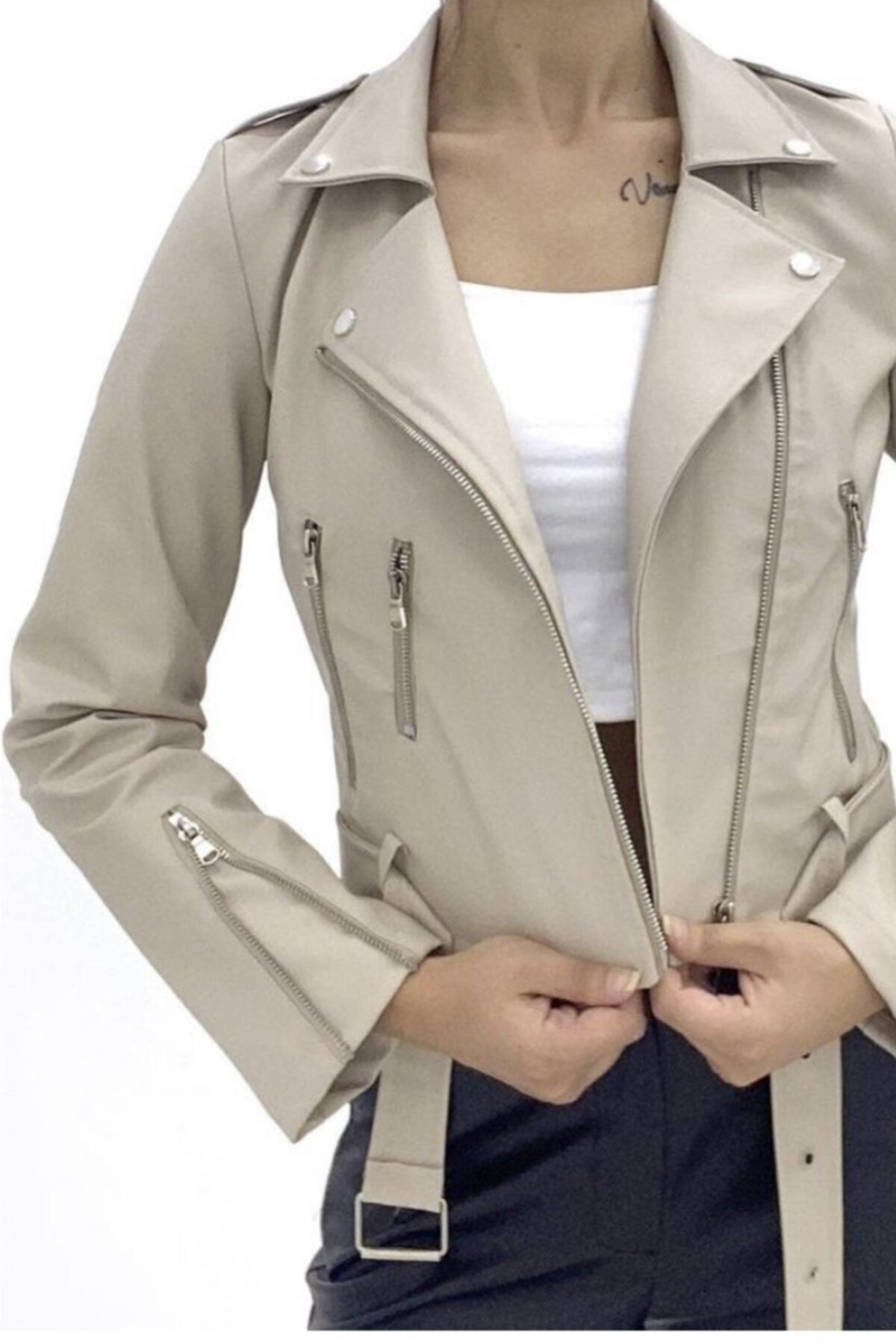 nazebutik Damen-Lederjacke mit Gürtel, Creme