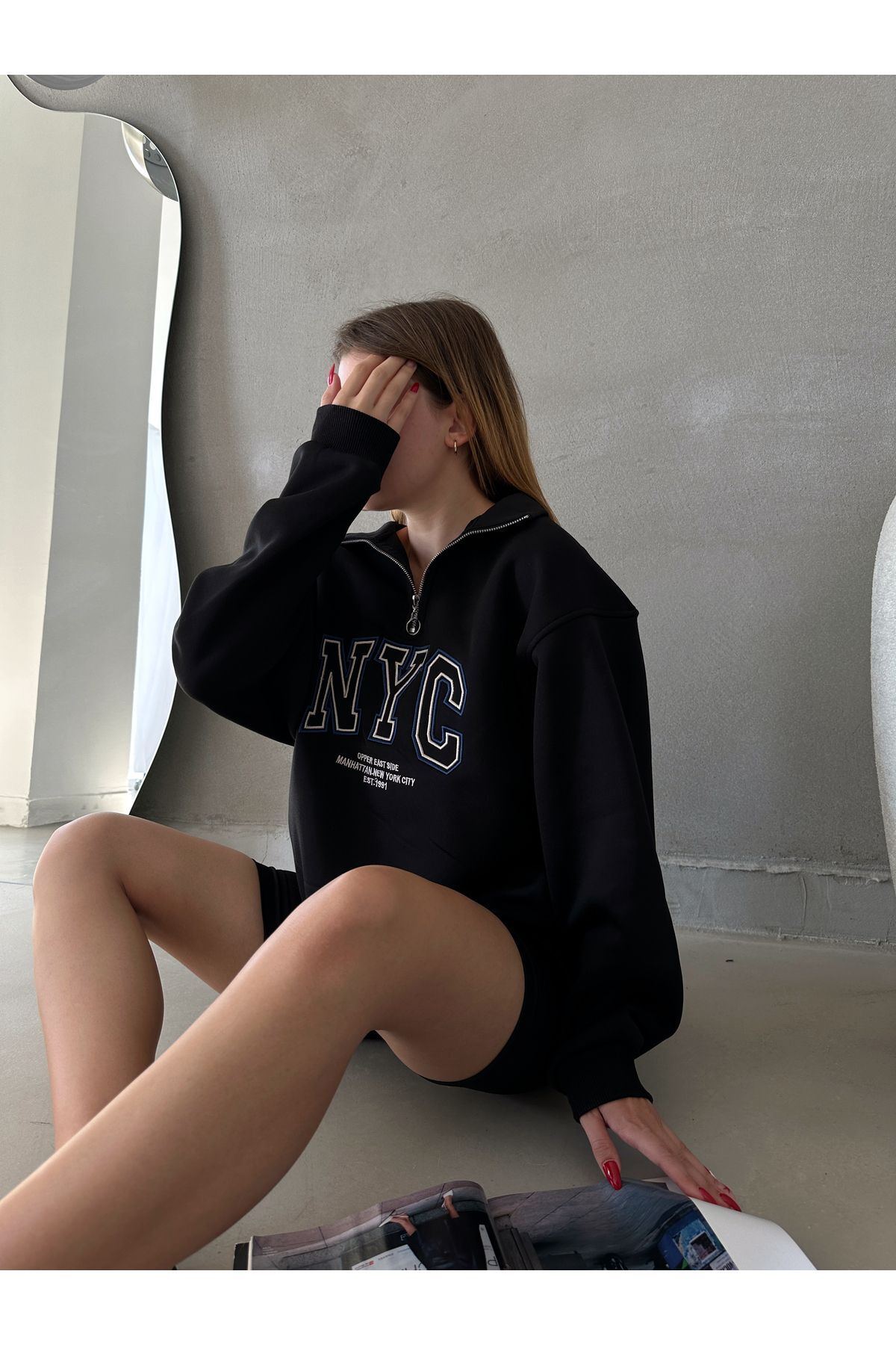 IŞILDA FASHION  NYC NAKIŞLI FERMUARLI SWEATSHİRT - Görsel 4