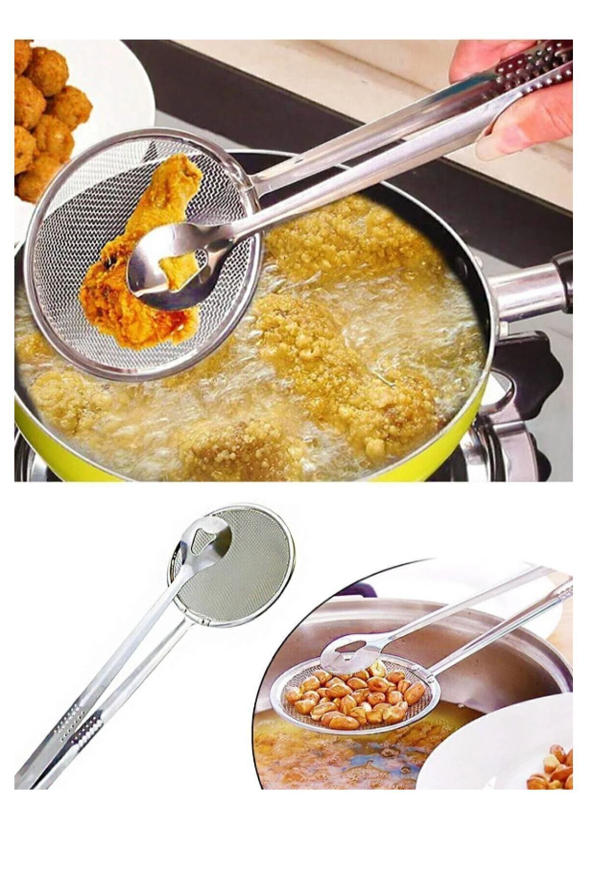 Blue Home Lıght Pratik Süzgeçli Maşalı Kevgir Çelik Patates Kızartma Tenceresi Yağ Süzgeçli