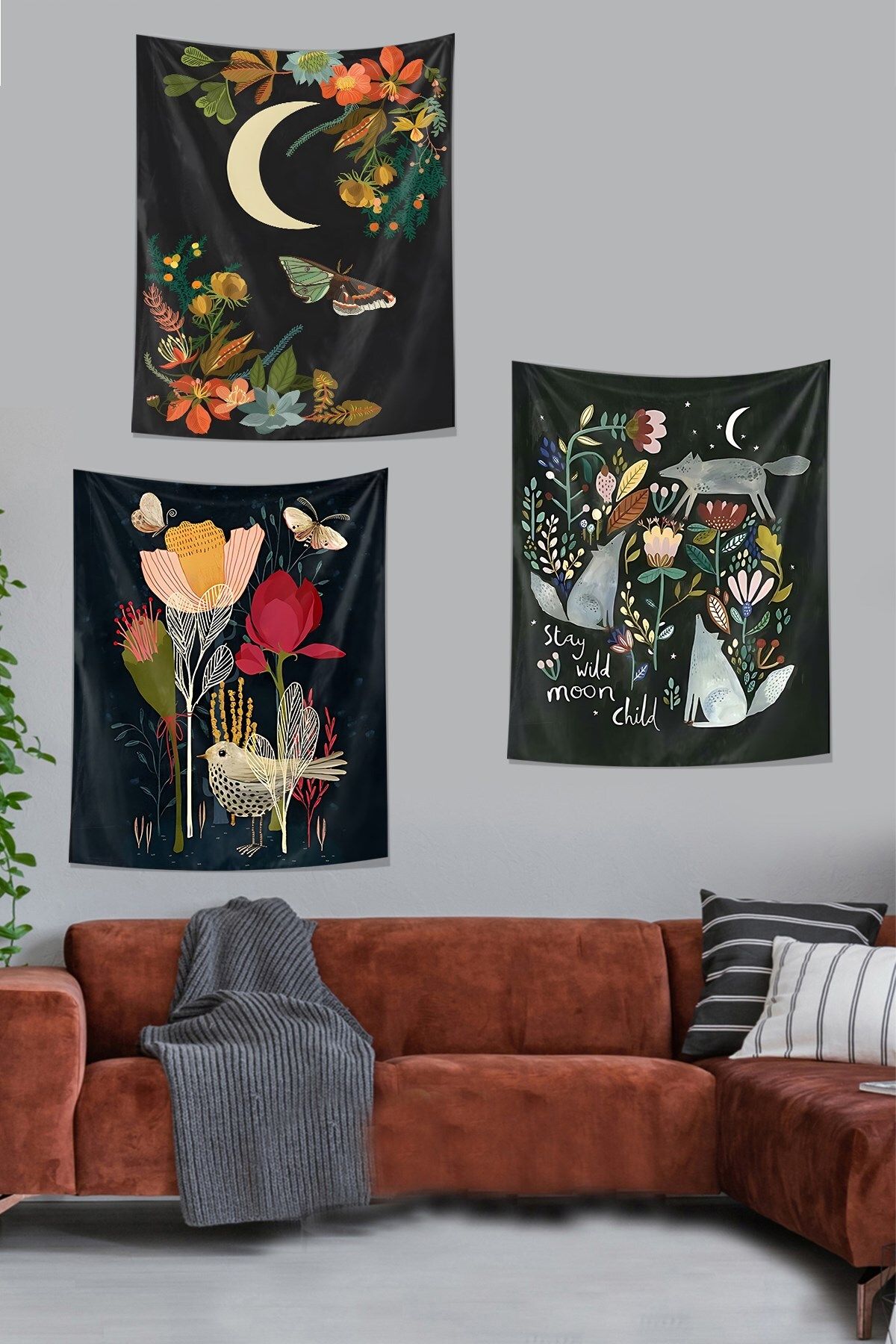 on the clouds-Moonchild Moon and Paper Flower Patterned Non-Slip Tapestry - Set of 3 1