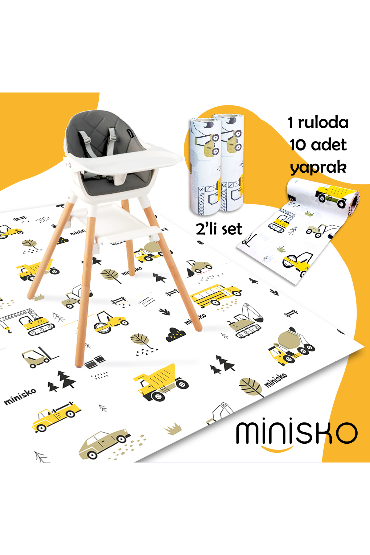 Minişko Mama Sandalyesi Altı Ve Aktivite Örtüsü | Bebek Altı Örtüsü | Kullan At Örtü | Taşıtlar | 2'li Set