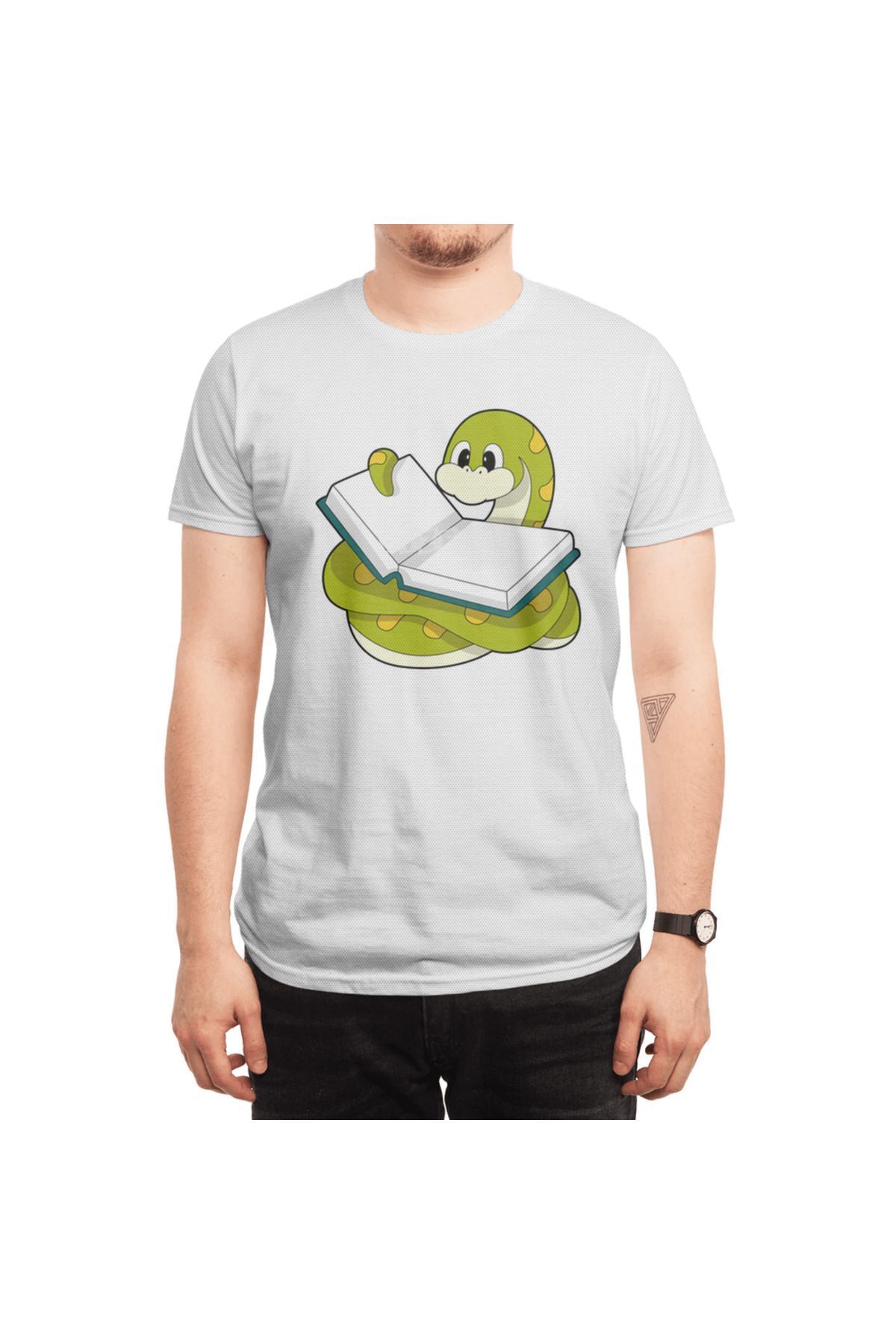 Fizello-Ανδρικό και γυναικείο λευκό μπλουζάκι Unisex - Snake At Reading With Book Design 6
