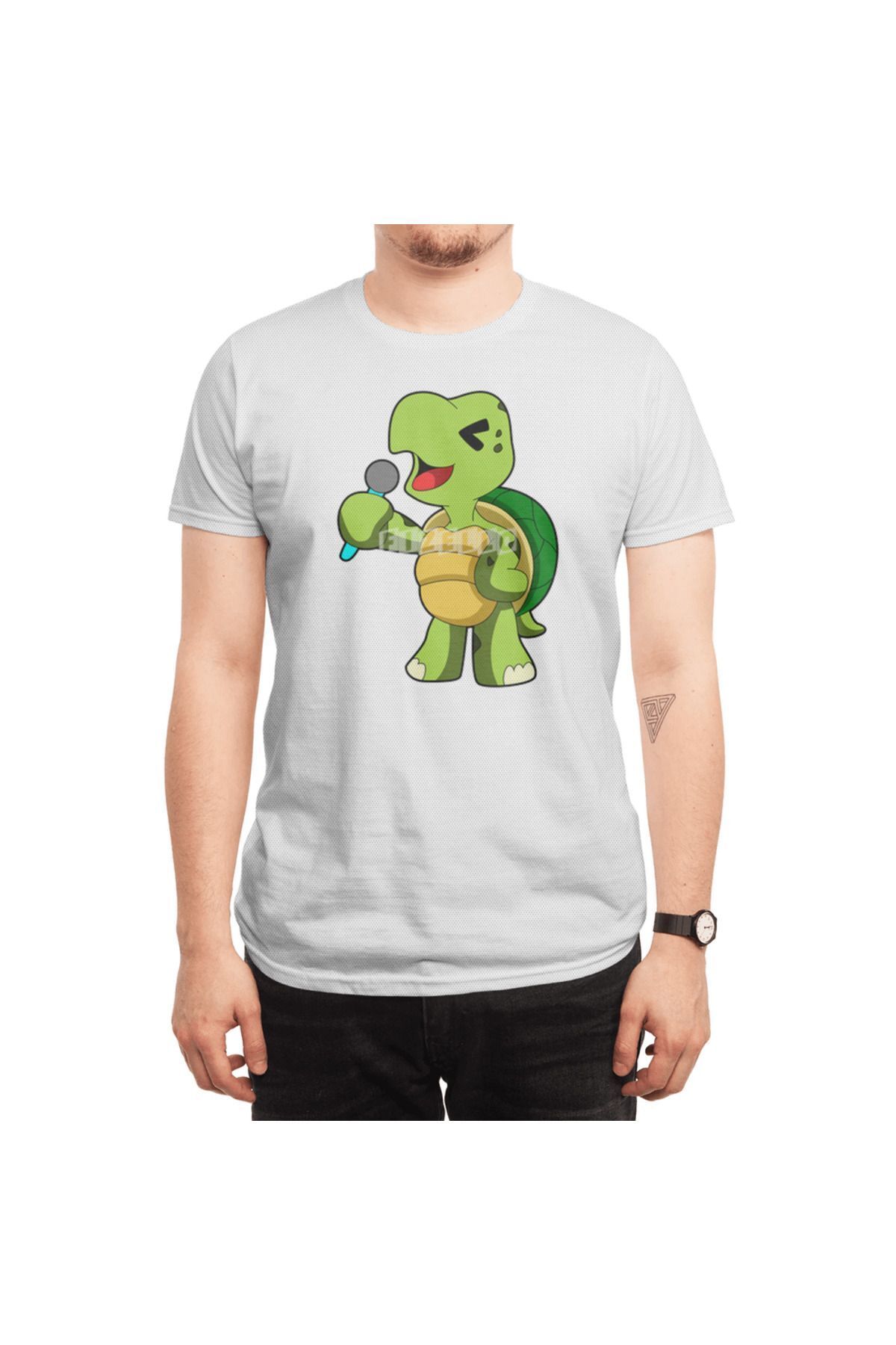Fizello-Ανδρικό και γυναικείο λευκό μπλουζάκι Unisex - Turtle At Singing With Microphone Design 6