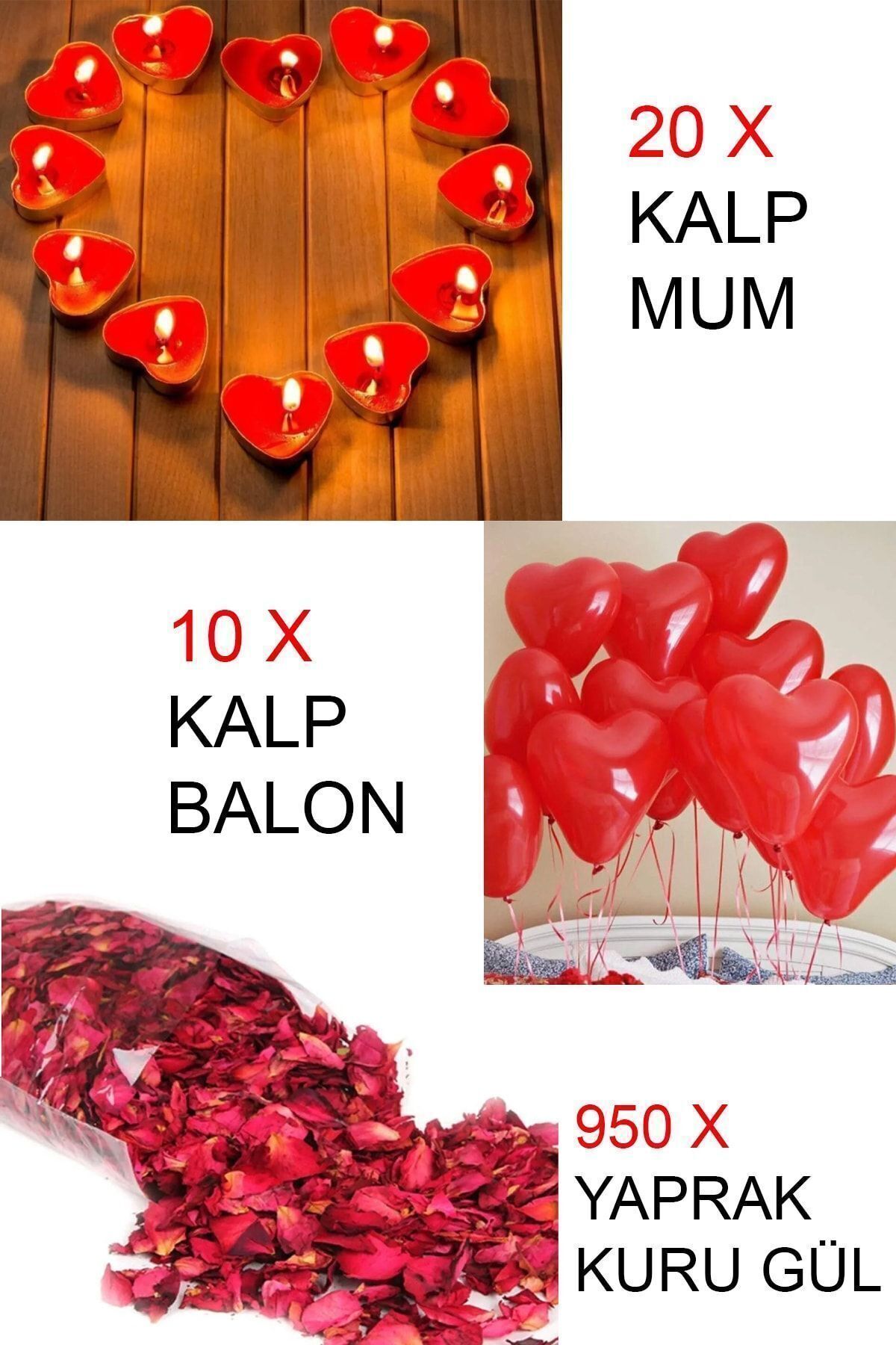 cennet 20 Ad. Kalpli Mum Ve 10 Ad. Kalp Balon 950 Yaprak Kurutulmuş Gül Mum Evlilik Teklifi Özelgün Sevgili