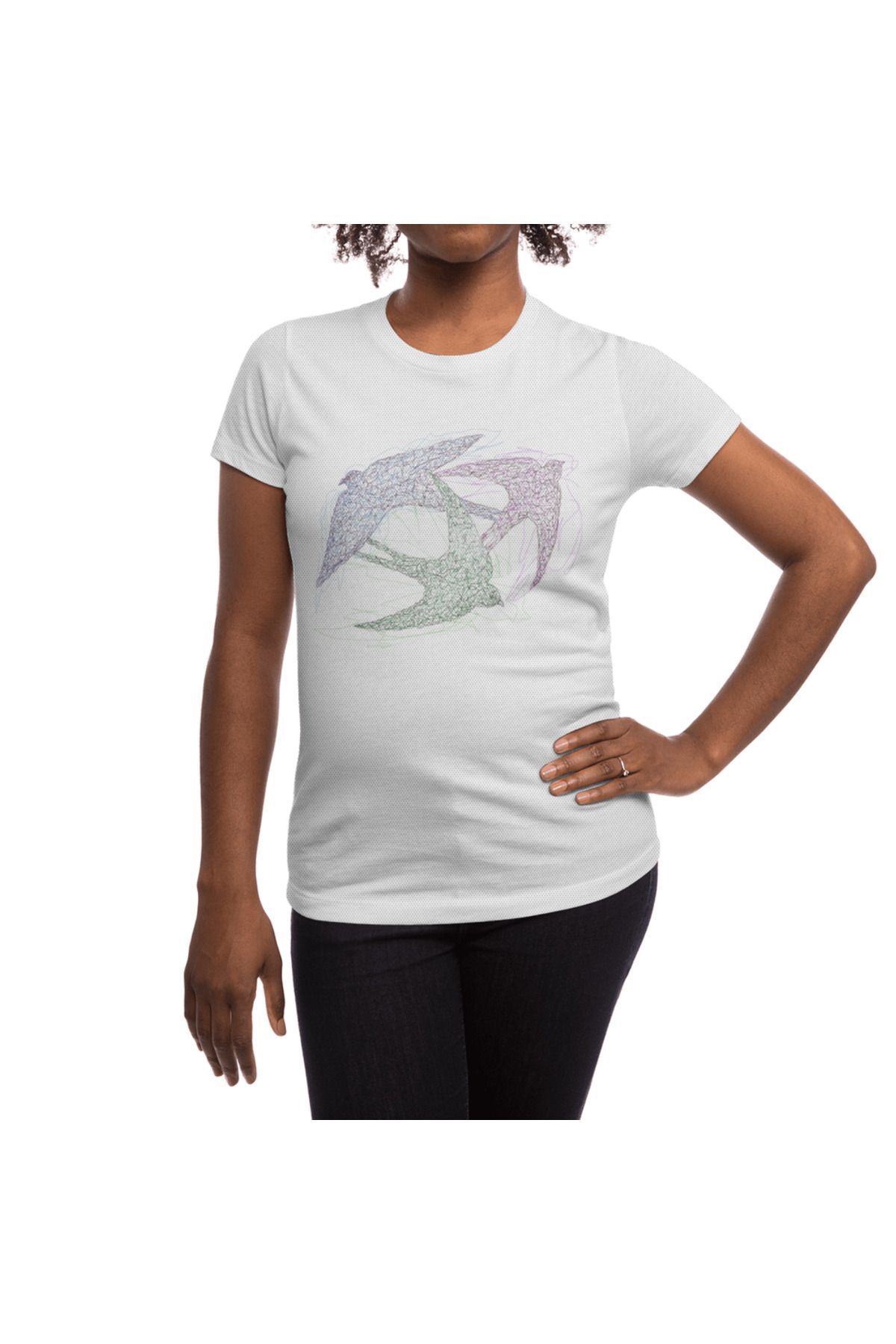 Fizello-Tricou alb unisex - Sketch Of Swallow Birds In Motion, Symbolism Of Freedom And Unity 5