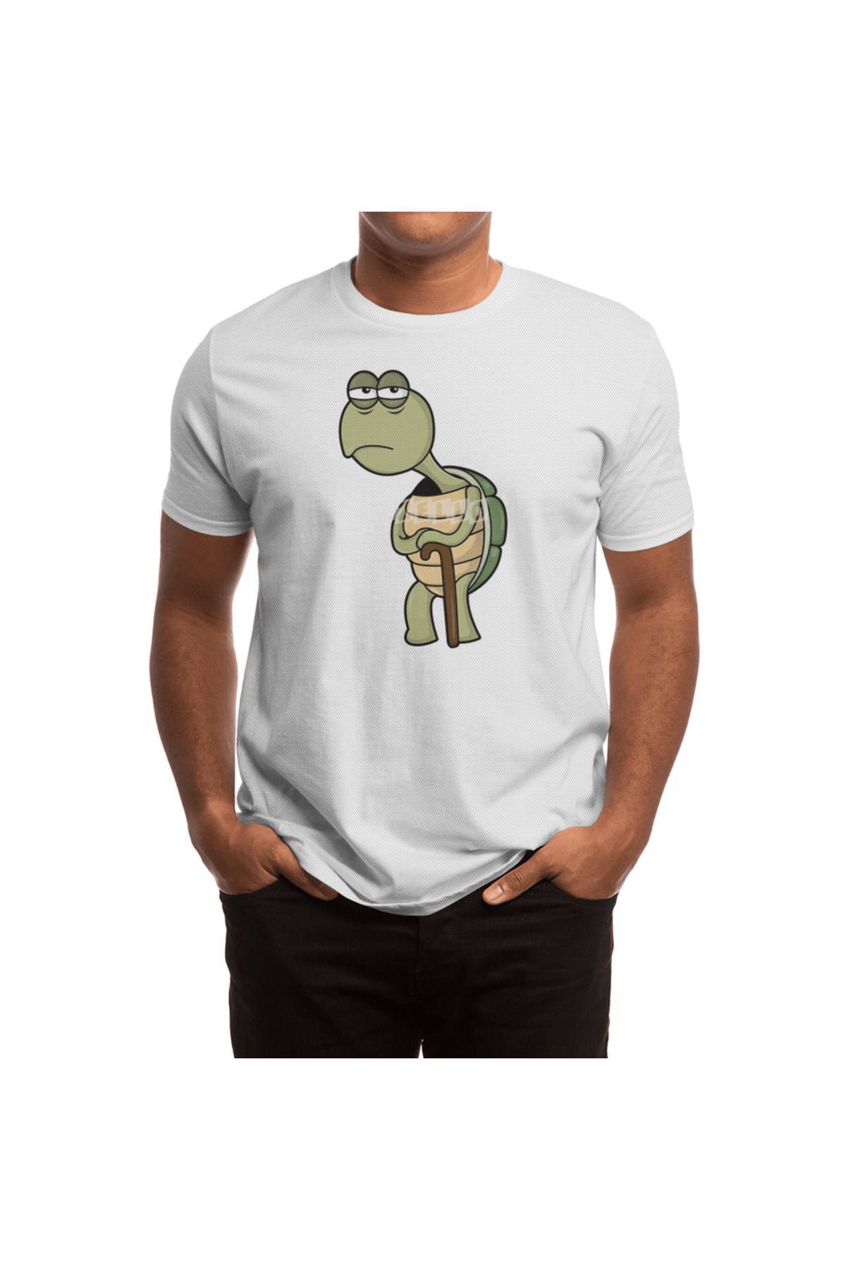 Fizello-Ανδρικό και γυναικείο λευκό μπλουζάκι - Turtle With Shell & Walking Stick Unisex Design 2