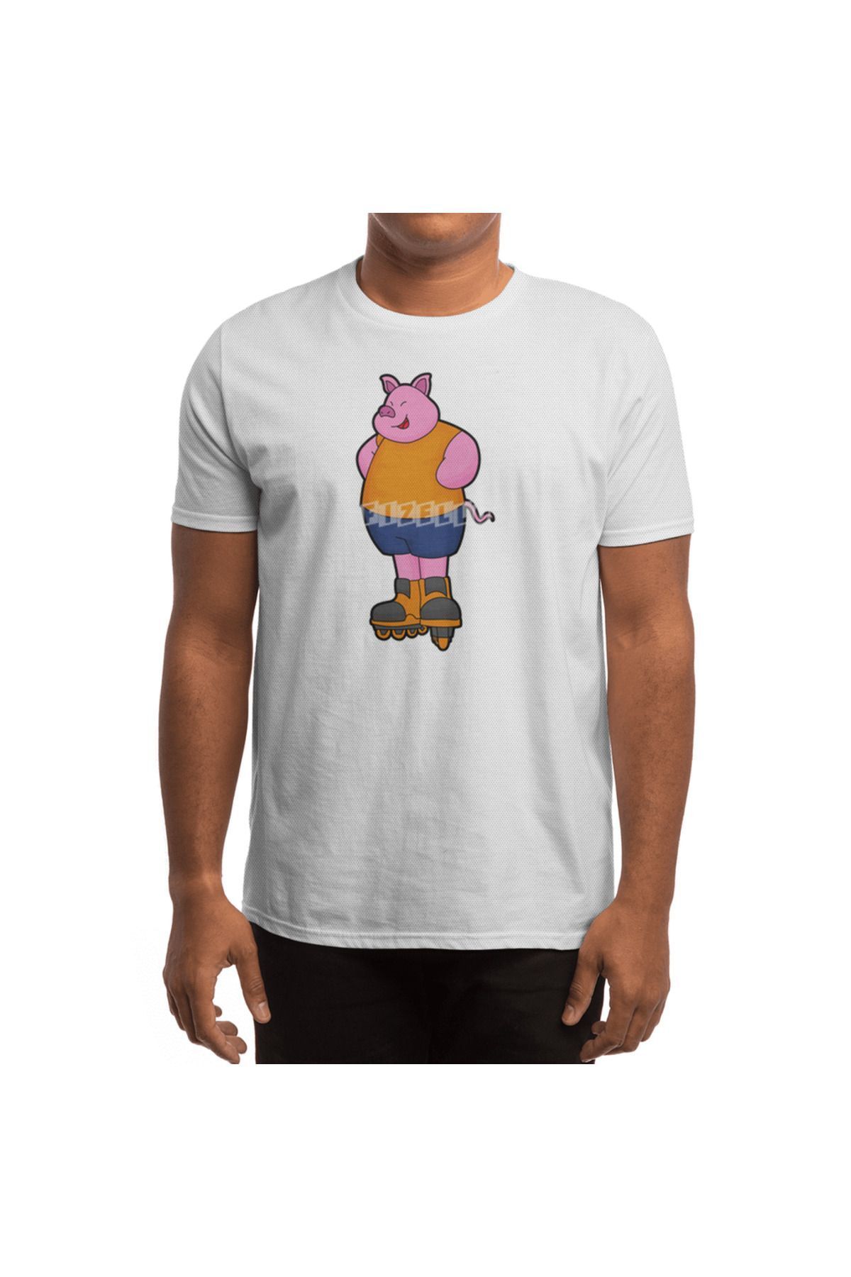 Fizello-Μπλουζάκι για άνδρες και γυναίκες - Unisex Λευκό, Pig As Skater Pattern, Inline Skates 4