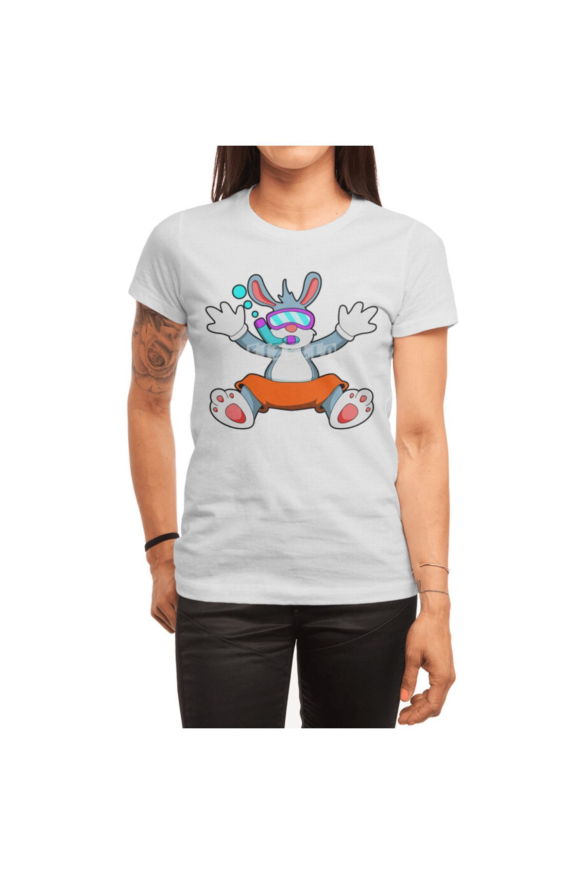 Fizello Rabbit At Diving With Swimming Goggles & Snorkel , Erkek Tişört, Kadın Tişört, Unisex Beyaz T-shirt