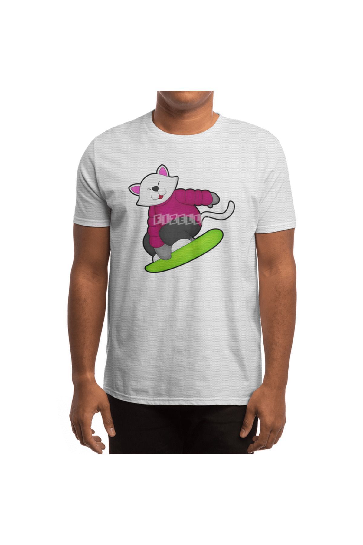 Fizello-Ανδρικό και γυναικείο λευκό μπλουζάκι - Cat As Snowboarder With Snowboarding Unisex Design 4