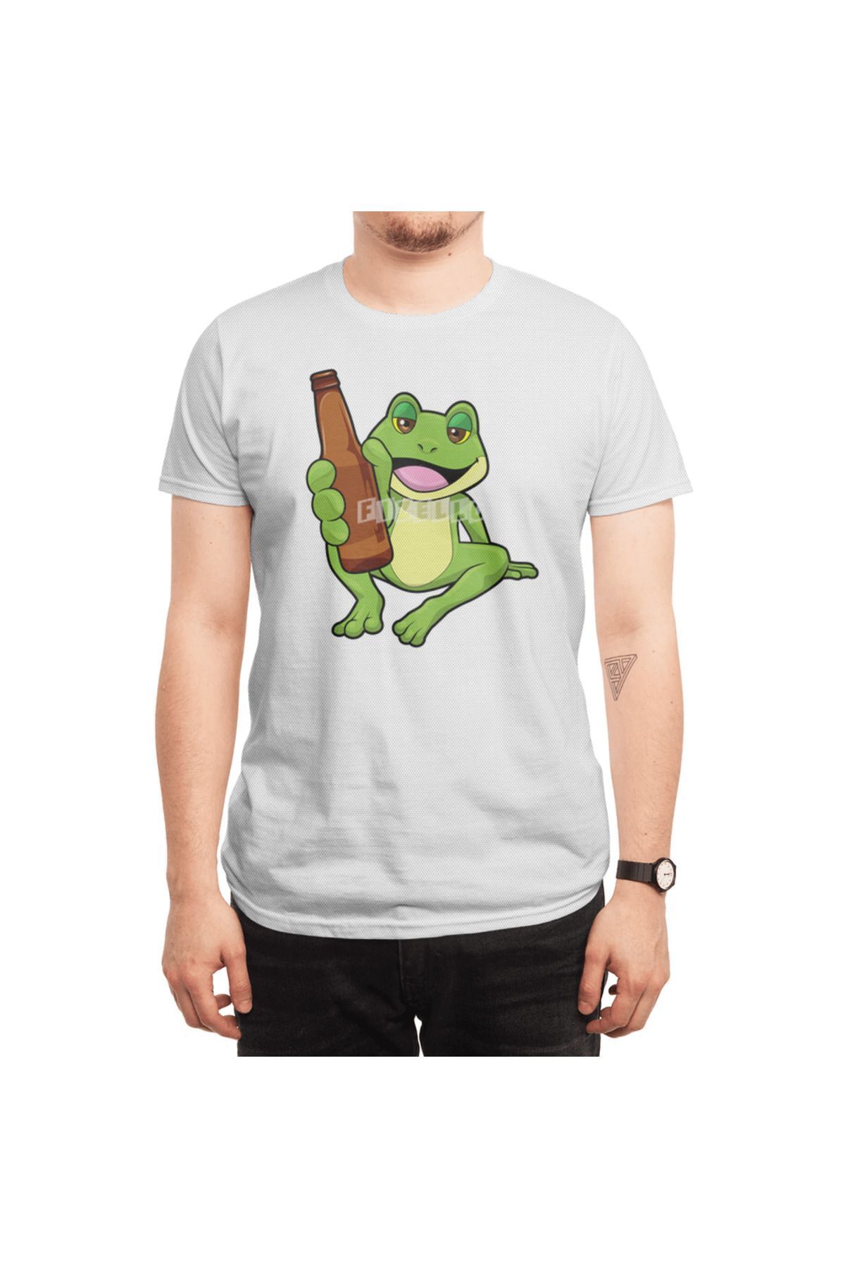 Fizello-Ανδρικό και γυναικείο λευκό μπλουζάκι - Frog with Bottle of Beer Pattern 6