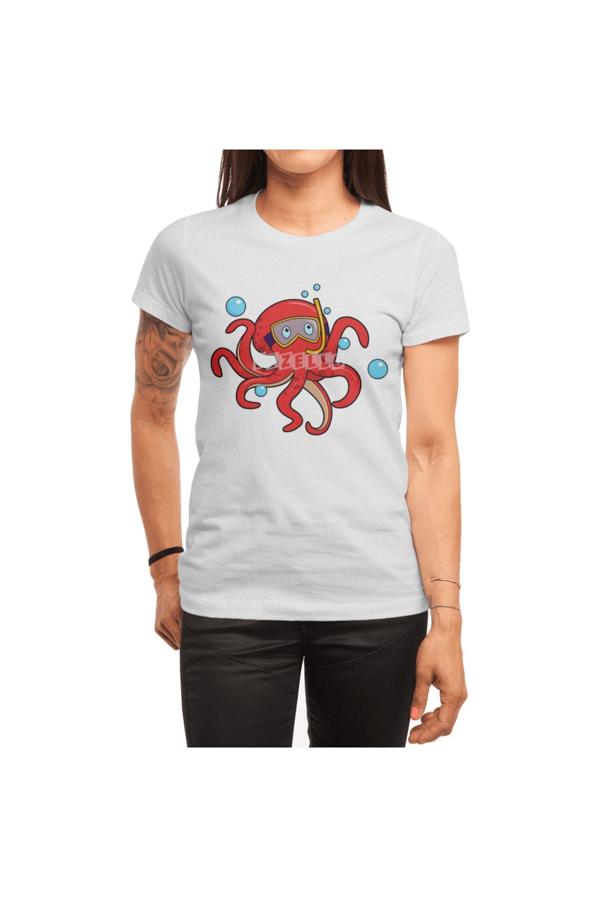 Fizello Octopus At Diving With Swimming Goggles & Snorkel , Erkek Tişört, Kadın Tişört, Unisex Beyaz T-shirt