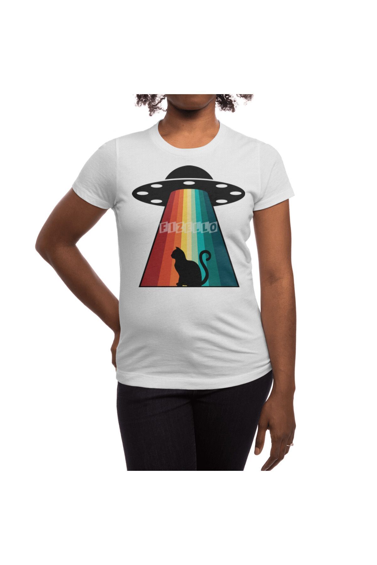 Fizello-Λευκό μπλουζάκι για άνδρες και γυναίκες - Unisex μπλουζάκι Alien & Cat Retro Rays 3