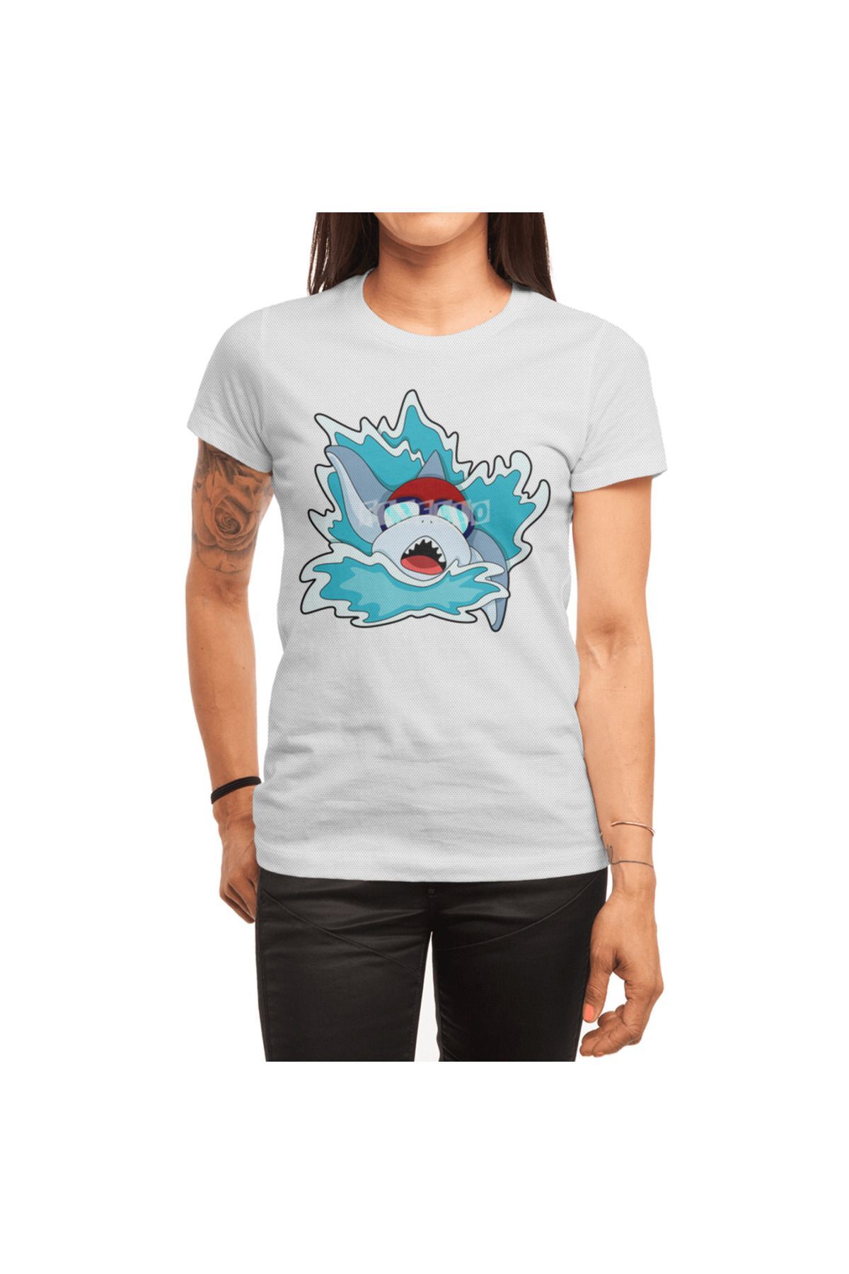 Fizello Shark At Swimming With Swimming Goggles , Erkek Tişört, Kadın Tişört, Unisex Beyaz T-shirt