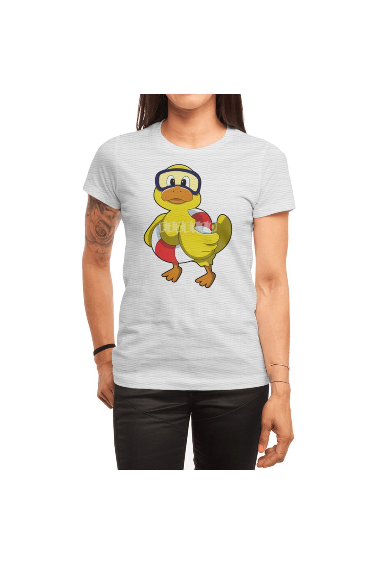 Fizello Duck At Swimming With Swim Ring & Diving Goggles , Erkek Tişört, Kadın Tişört, Unisex Beyaz T-shirt