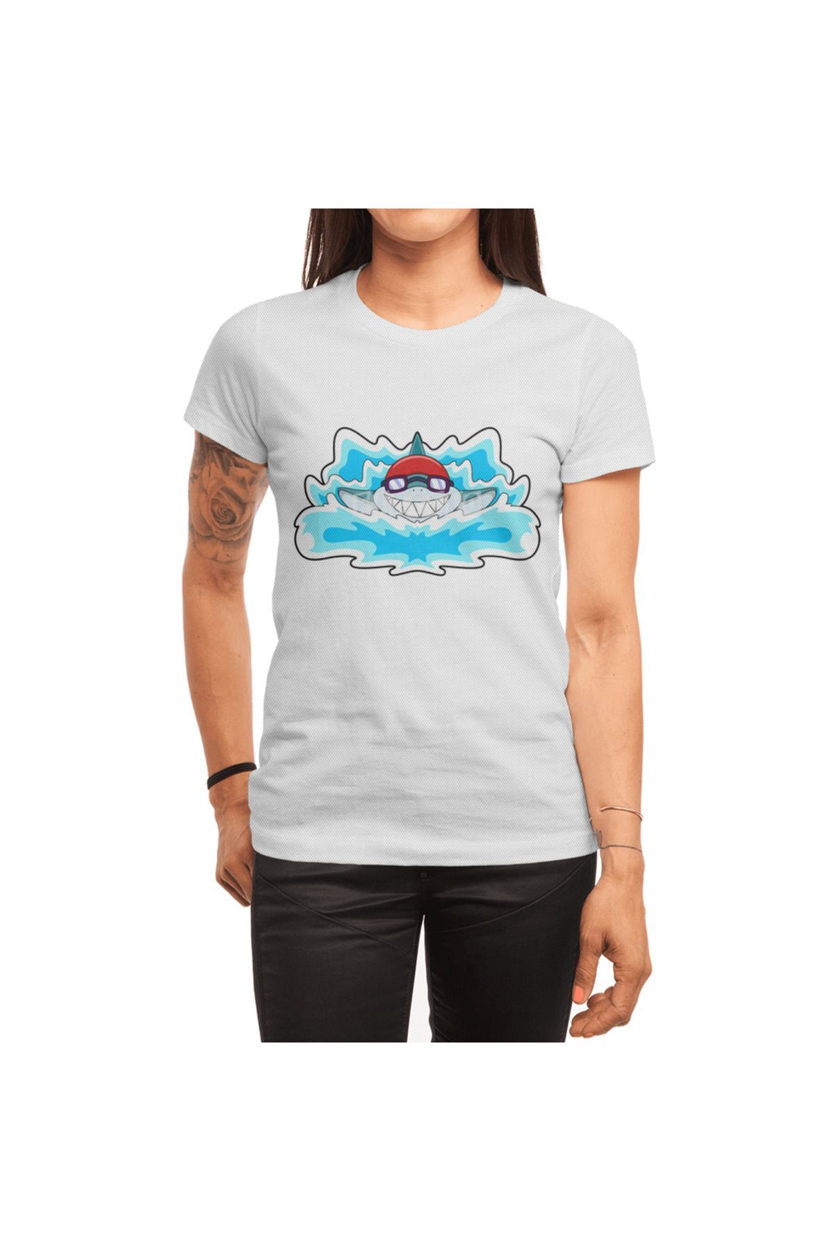 Fizello Shark At Swimming With Swimming Goggles , Erkek Tişört, Kadın Tişört, Unisex Beyaz T-shirt
