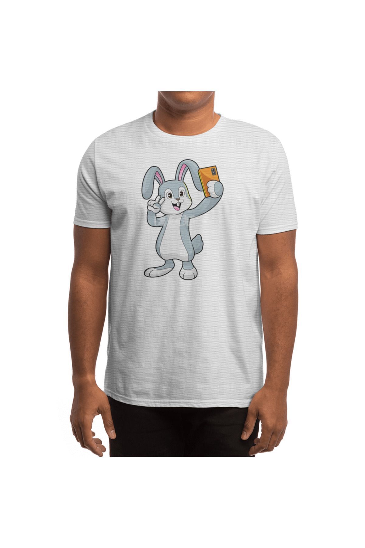 Fizello-Ανδρικό και γυναικείο λευκό μπλουζάκι - Rabbit With Mobile Unisex Design 4
