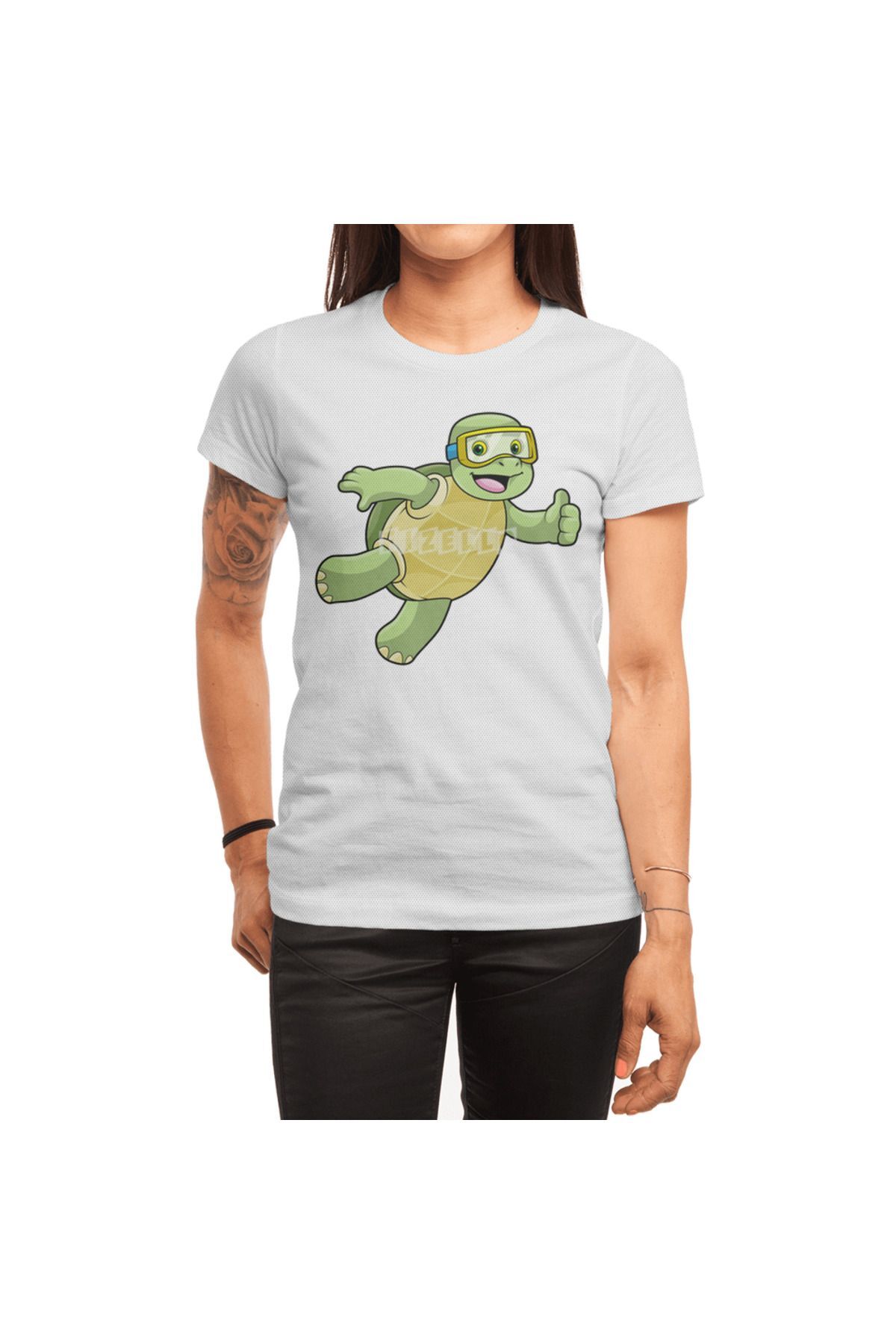 Fizello Turtle At Swimming With Swimming Goggles , Erkek Tişört, Kadın Tişört, Unisex Beyaz T-shirt