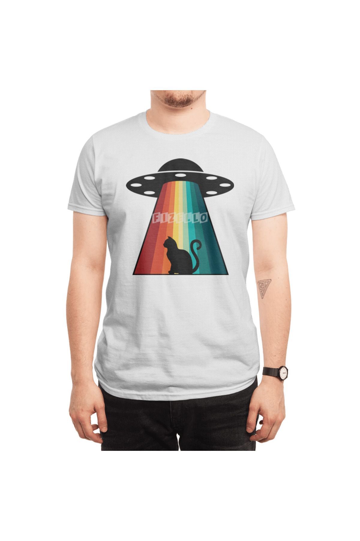 Fizello-Λευκό μπλουζάκι για άνδρες και γυναίκες - Unisex μπλουζάκι Alien & Cat Retro Rays 6