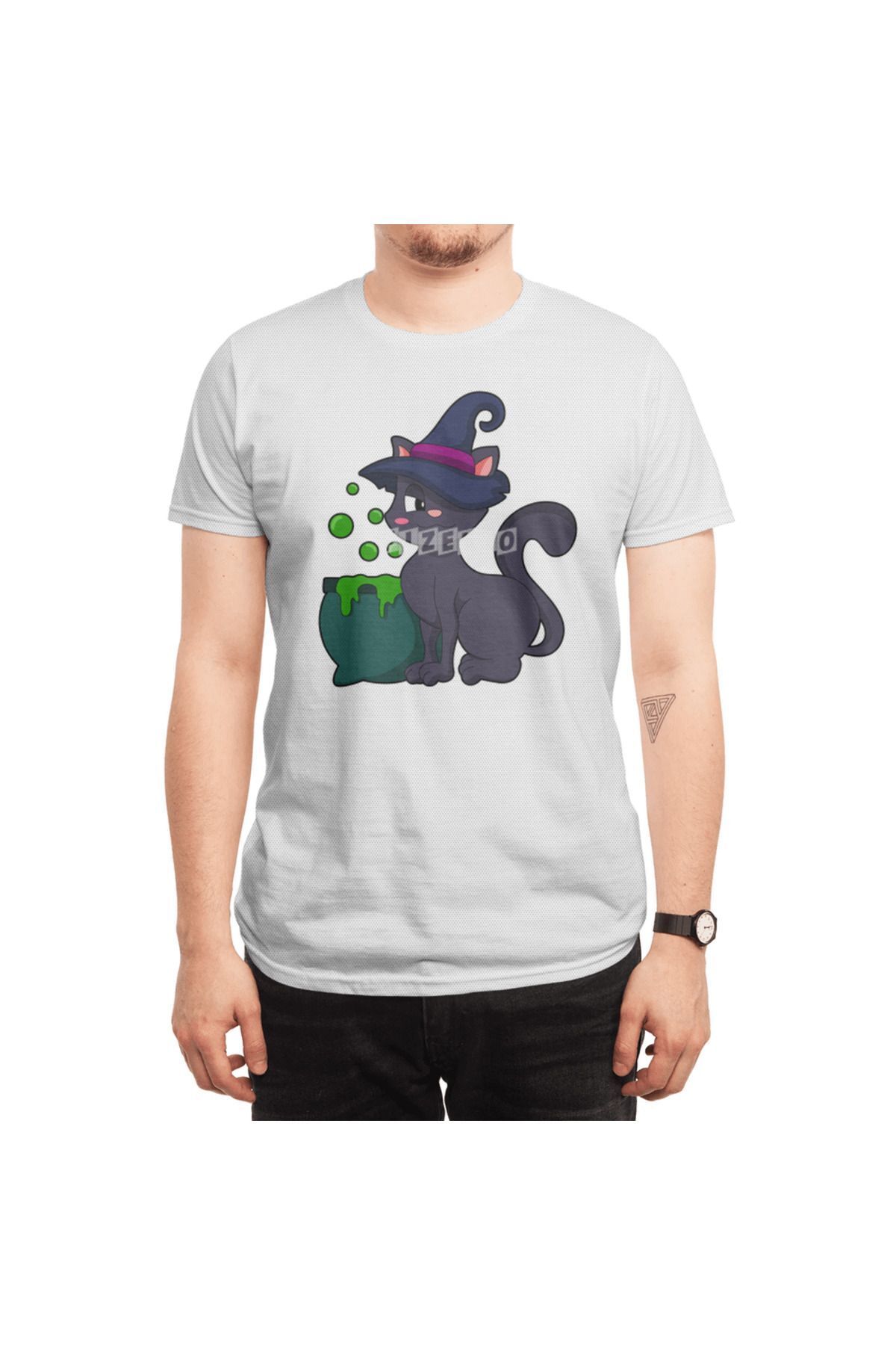 Fizello-Ανδρικό και γυναικείο λευκό μπλουζάκι - Cat As Witch With Cauldron Pattern 6