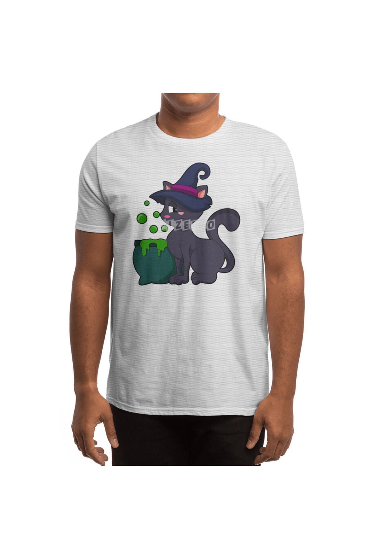 Fizello-Ανδρικό και γυναικείο λευκό μπλουζάκι - Cat As Witch With Cauldron Pattern 4