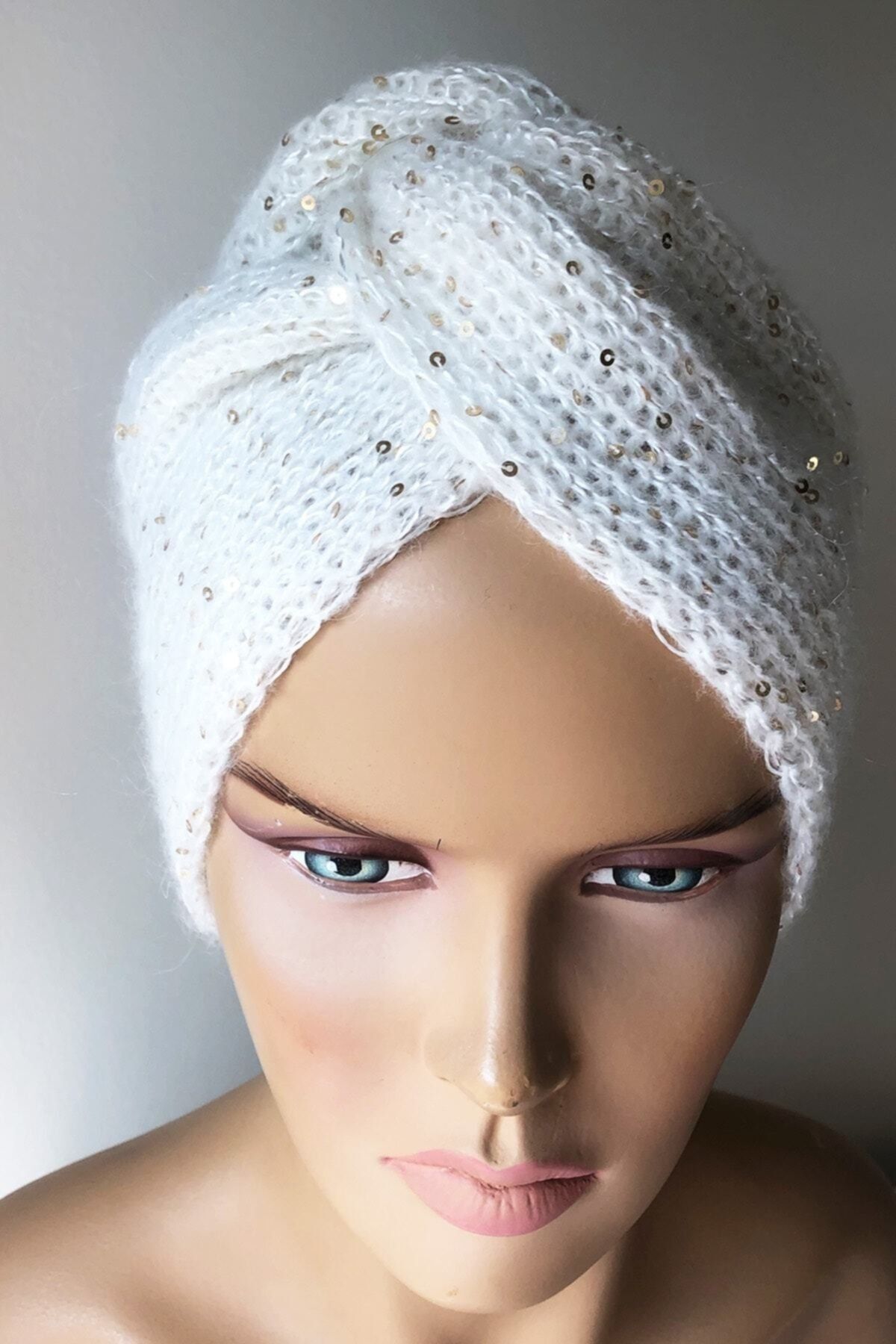 Vera-Angora Wolle Creme Baskenmütze Turban Modell Stilvolle Paillettenmütze 3