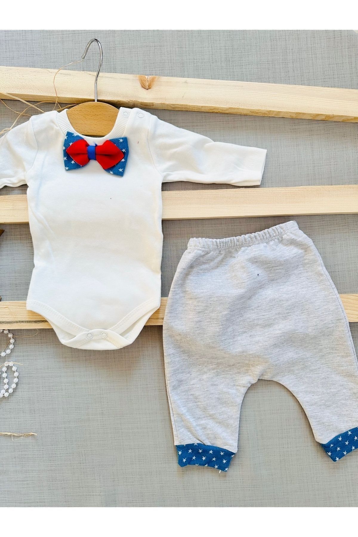 voyyo kids baby Erkek Papyonlu ve Zıbınlı 3'lü Yıldız Detaylı 3 Parça Bebek Takımı fotoğrafı 5 (önizleme)