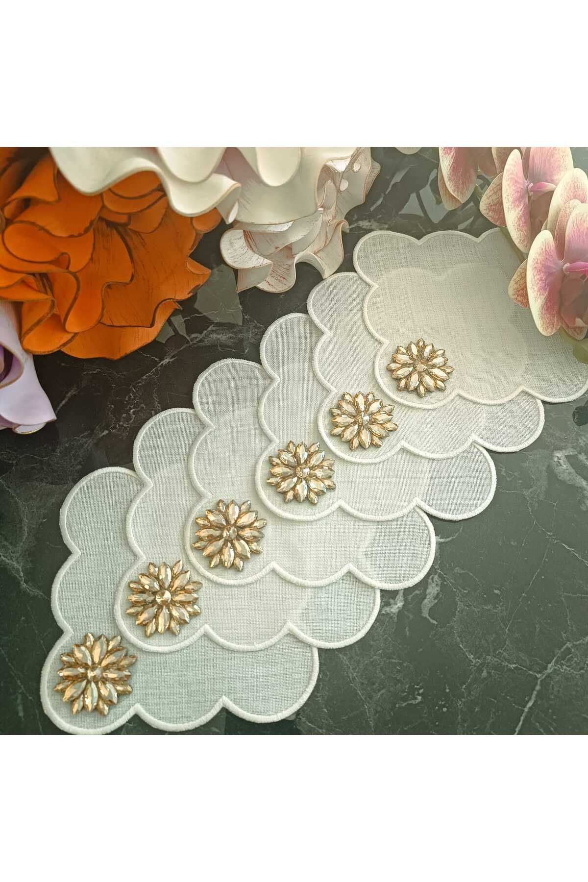 Fleur De Pierre (TAŞ ÇİÇEK) şampanya renkli Kahve Yanı Kokteyl Peçetesi Leke Tutmayan Kumaş 6 Adet