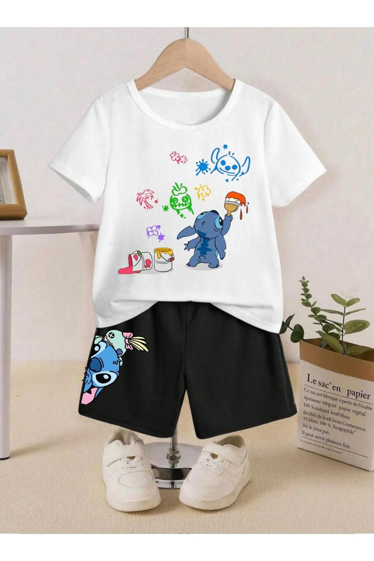 Massgai Set De Tricouri Și Pantaloni Scurți Pentru Copii Cu Vopsea Personalizată - 100% Bumbac Unisex - 13–14 years