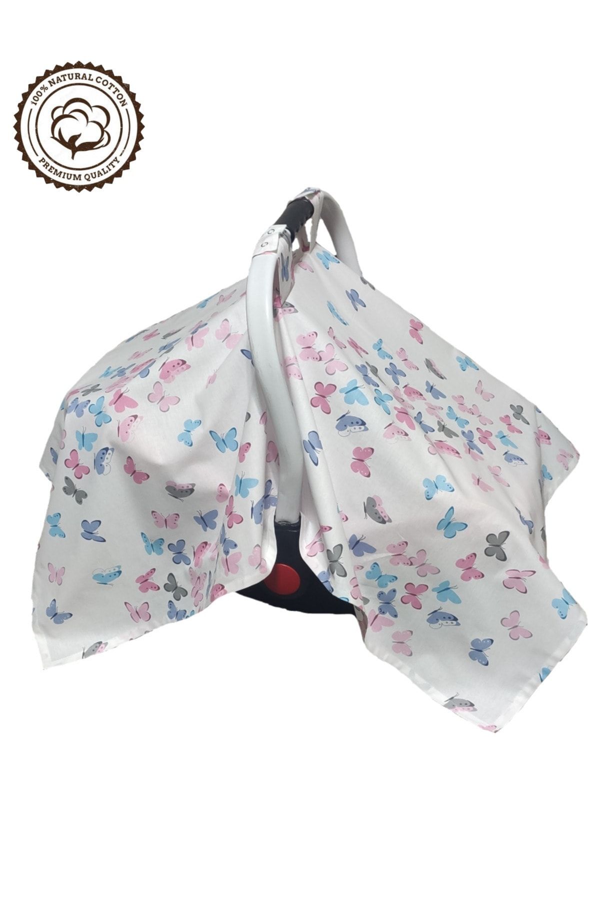 BeybiNest %100 Pamuklu Puset Örtüsü Tek Kat 110x88 Cm Renkli Kelebekler Model fotoğrafı 2 (önizleme)