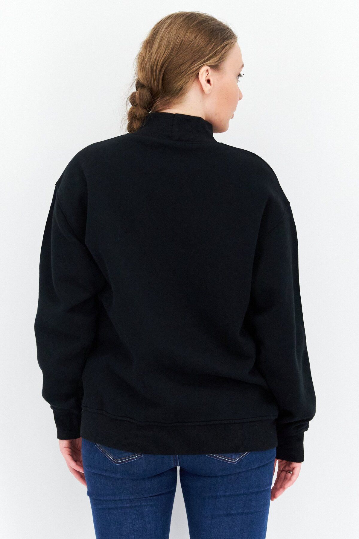 WSLY-Women Oversize Mock Neck Embroidered Long Sleeves Sweatshirt, Black 3