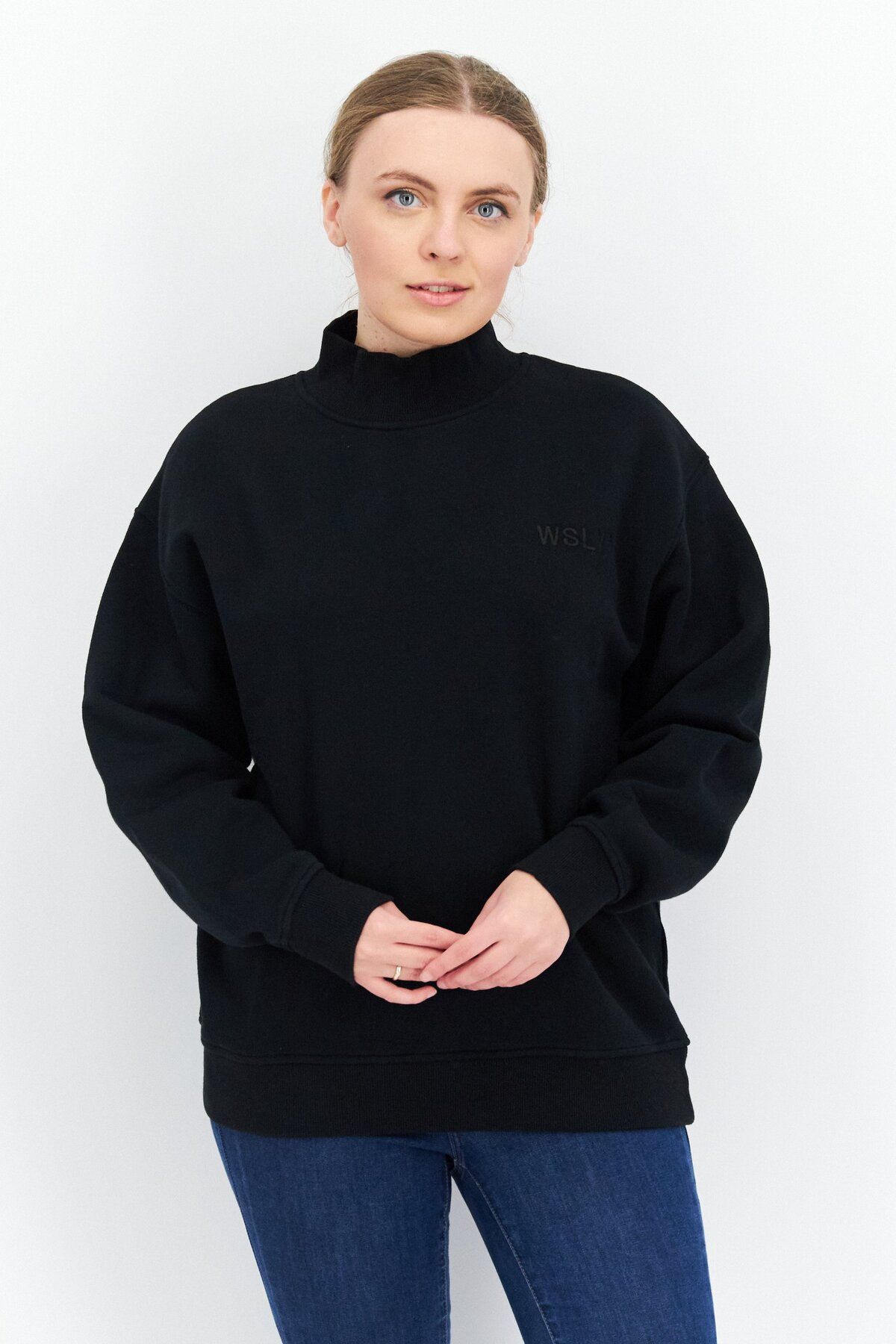 WSLY-Women Oversize Mock Neck Embroidered Long Sleeves Sweatshirt, Black 1
