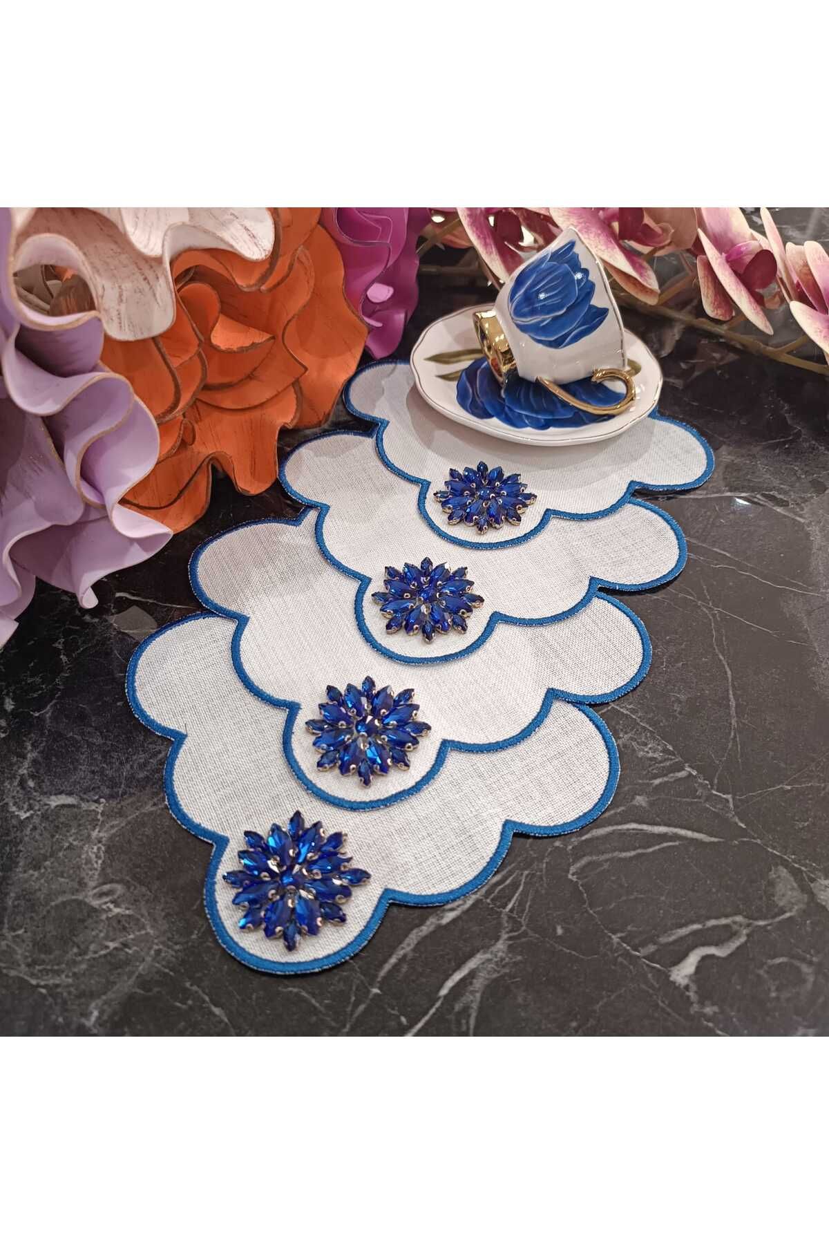 Fleur De Pierre (TAŞ ÇİÇEK) saks mavisi renk Kahve Yanı Kokteyl Peçetesi Leke Tutmayan Kumaş 6 Adet