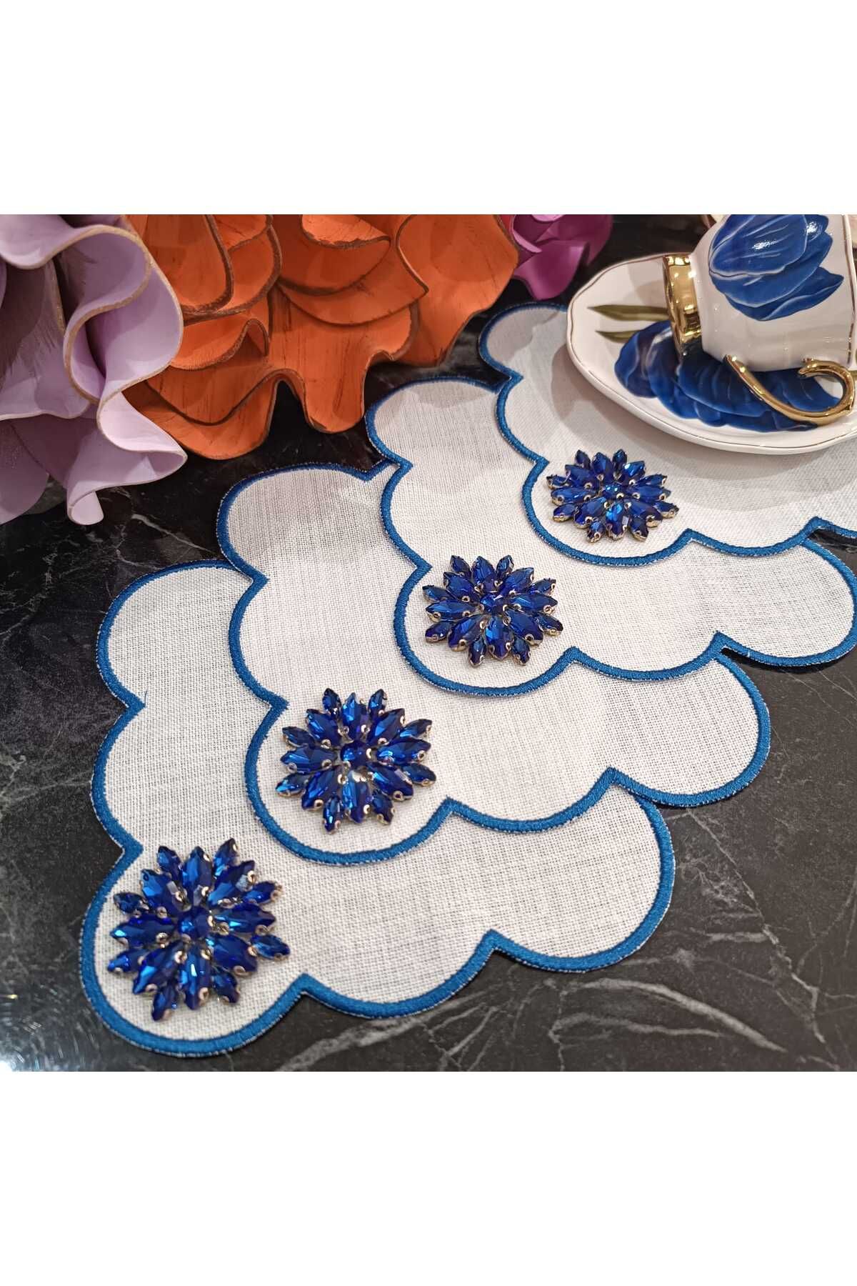 Fleur De Pierre (TAŞ ÇİÇEK) saks mavisi renk Kahve Yanı Kokteyl Peçetesi Leke Tutmayan Kumaş 6 Adet