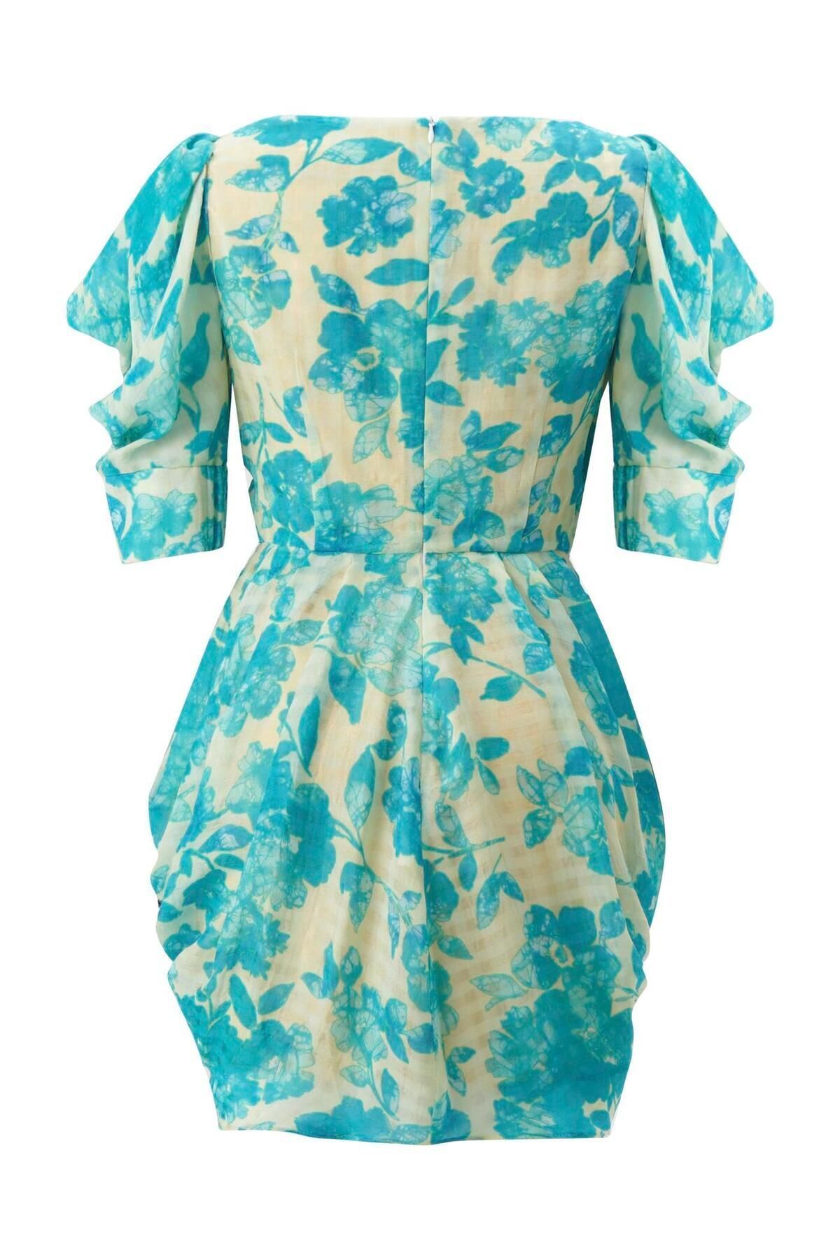 Exquise-Rochie mini cu mâneci pepene verde cu imprimeu floral 5