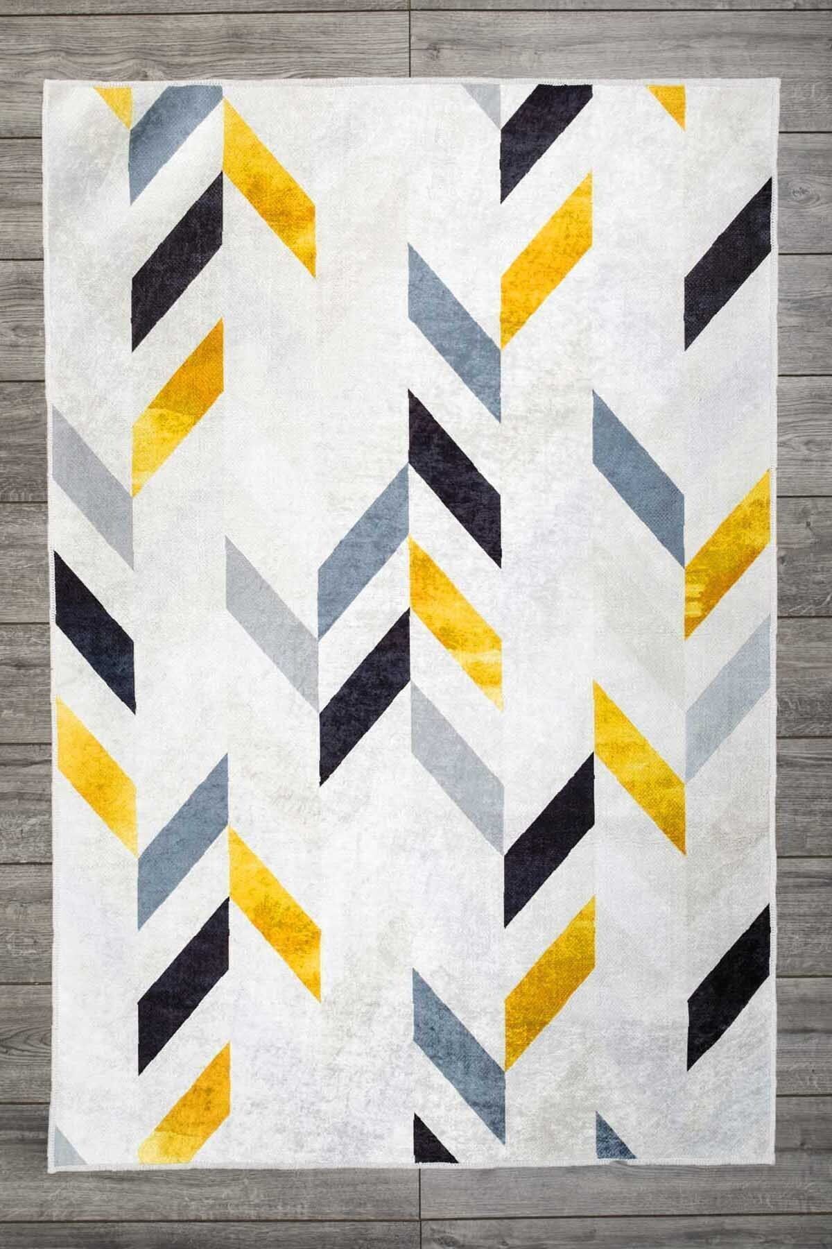 Geometric Patterned White Blue Gold Velvet Carpet Washable Anti-Slip Base Runner Entry Carpet 7119