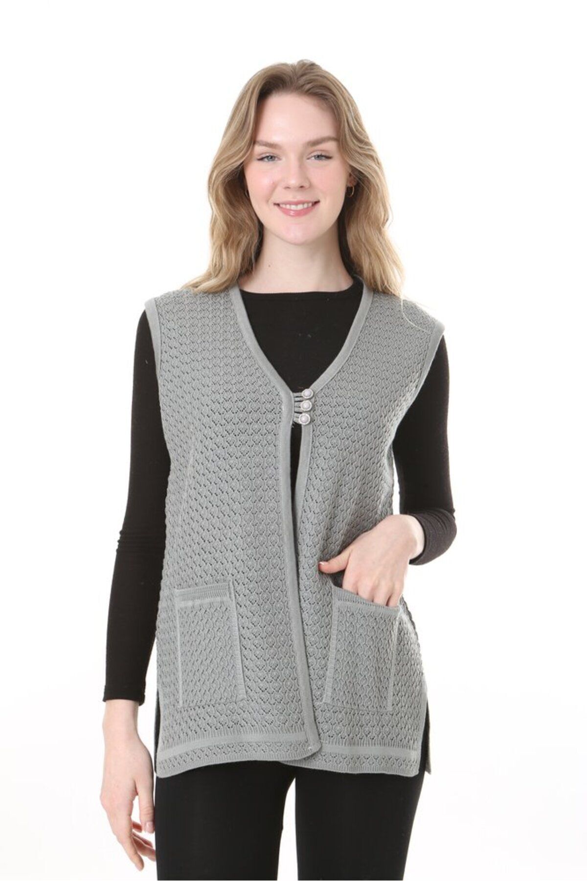Lamierra-Mercerized Woven - Mother Classic Vest with Three Buttons on the Front and Double Pockets 3