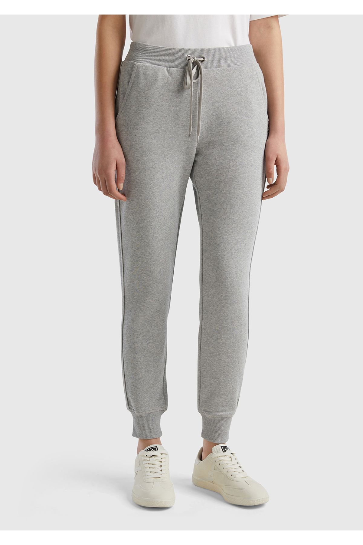 United Colors of Benetton Pantaloni De Sport Jogger Pentru Femei, Gri Melange - 100% Bumbac, Cu Buzunare Și Șnur În Talie Femeie - XL