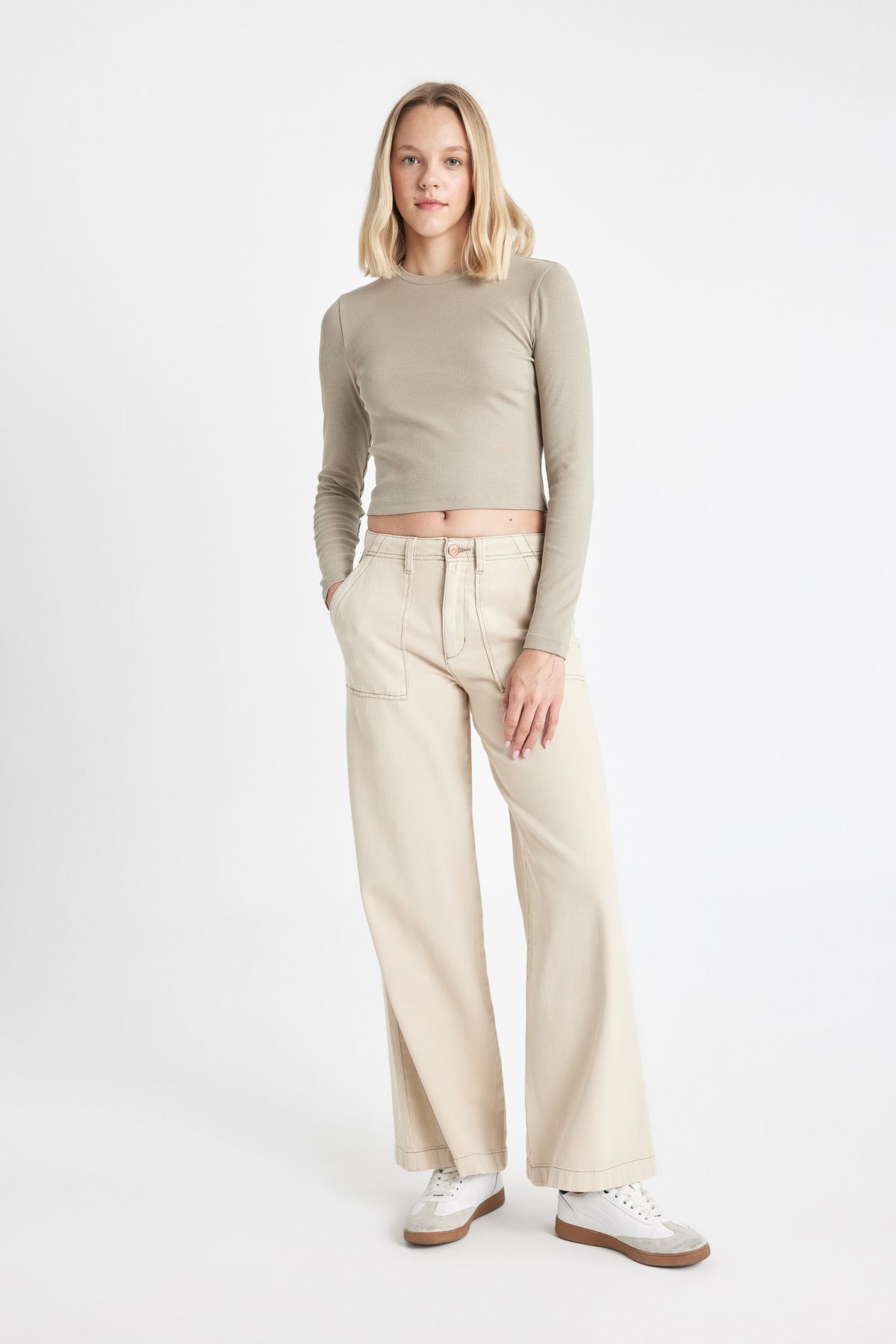 DeFacto-Ribbed Camisole - Crew Neck Long Sleeve T-Shirt 5