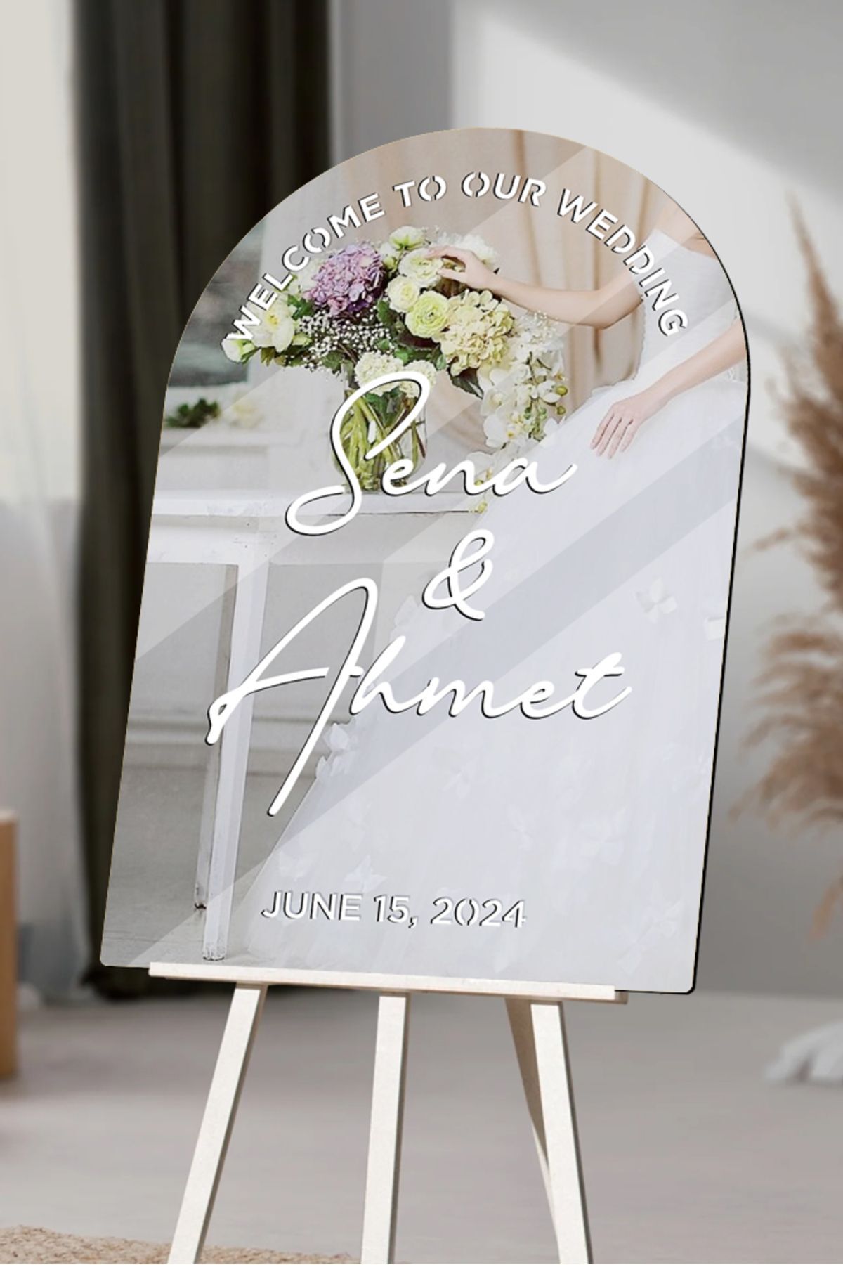 AHWART Düğün & Nişan Lüks Gümüş Pleksi Aynalı Beyaz Yazılı Karşılama Panosu