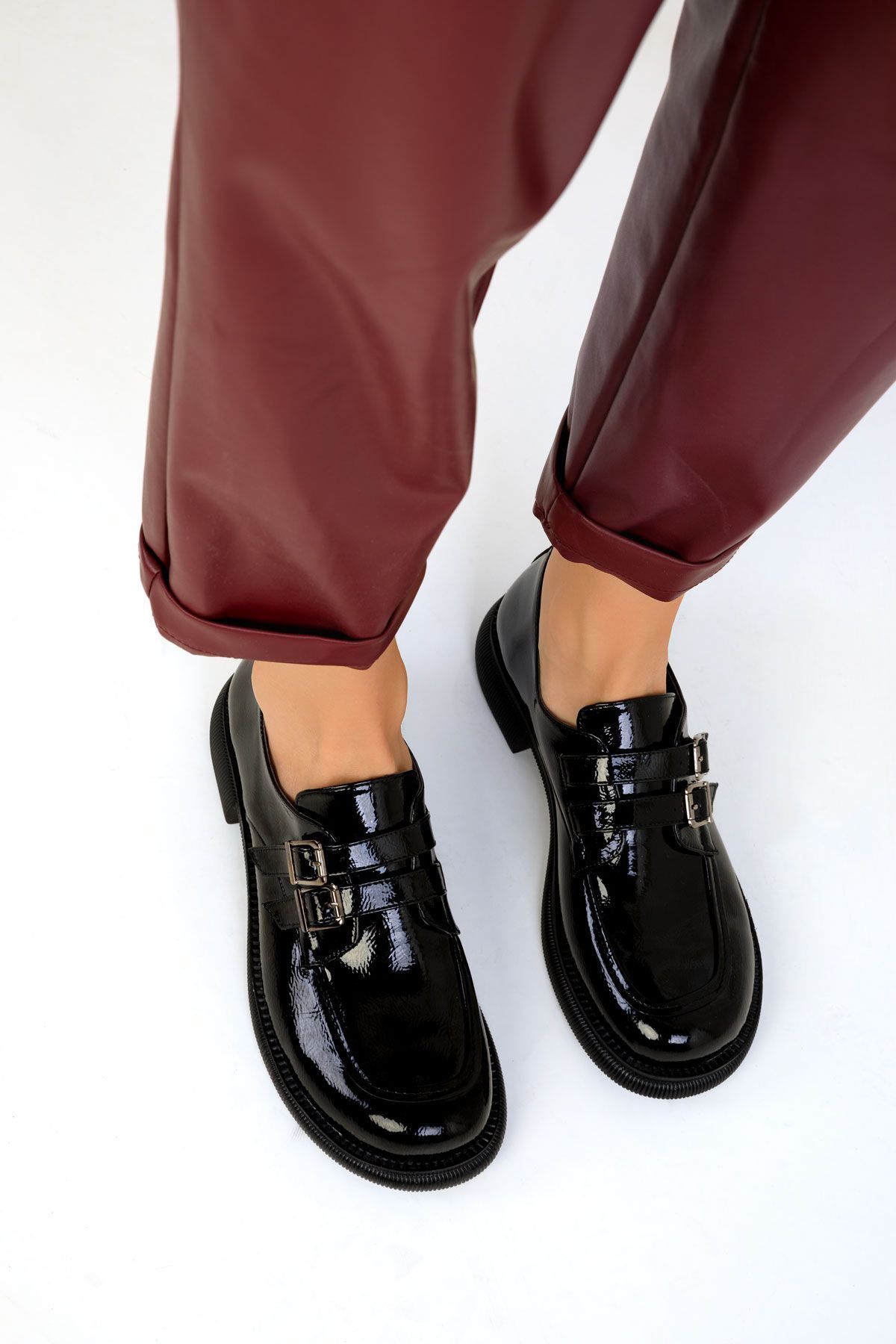 SOHO-Black Patent Leather White Women's Loafer Shoes 19537 3