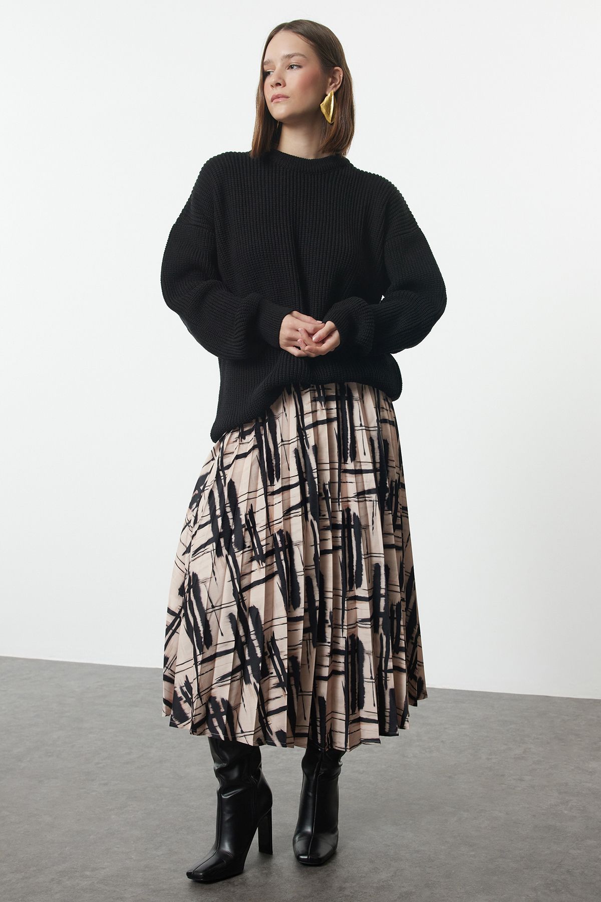 Trendyol Collection-Satin Pleated Midi Skirt - Multicolored and Patterned, Woven, TWOAW25ET00043 1