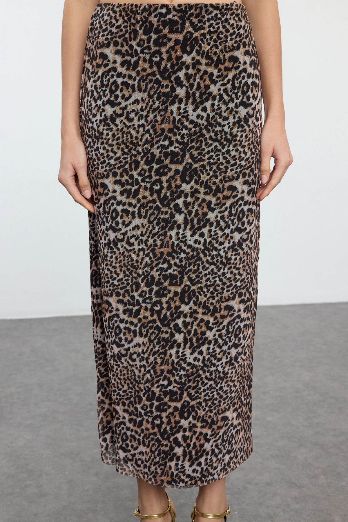 Trendyol Collection-Multicolor Leopard Print Body-Fitting Tulle Knitted Midi Skirt Tpraw25Et00003 3