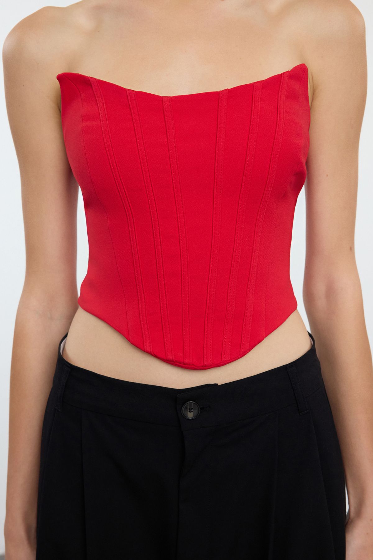 Trendyol Collection-Rotes Crop-Corset-Look, gewebtes Bustier TPRAW25BS00004 3