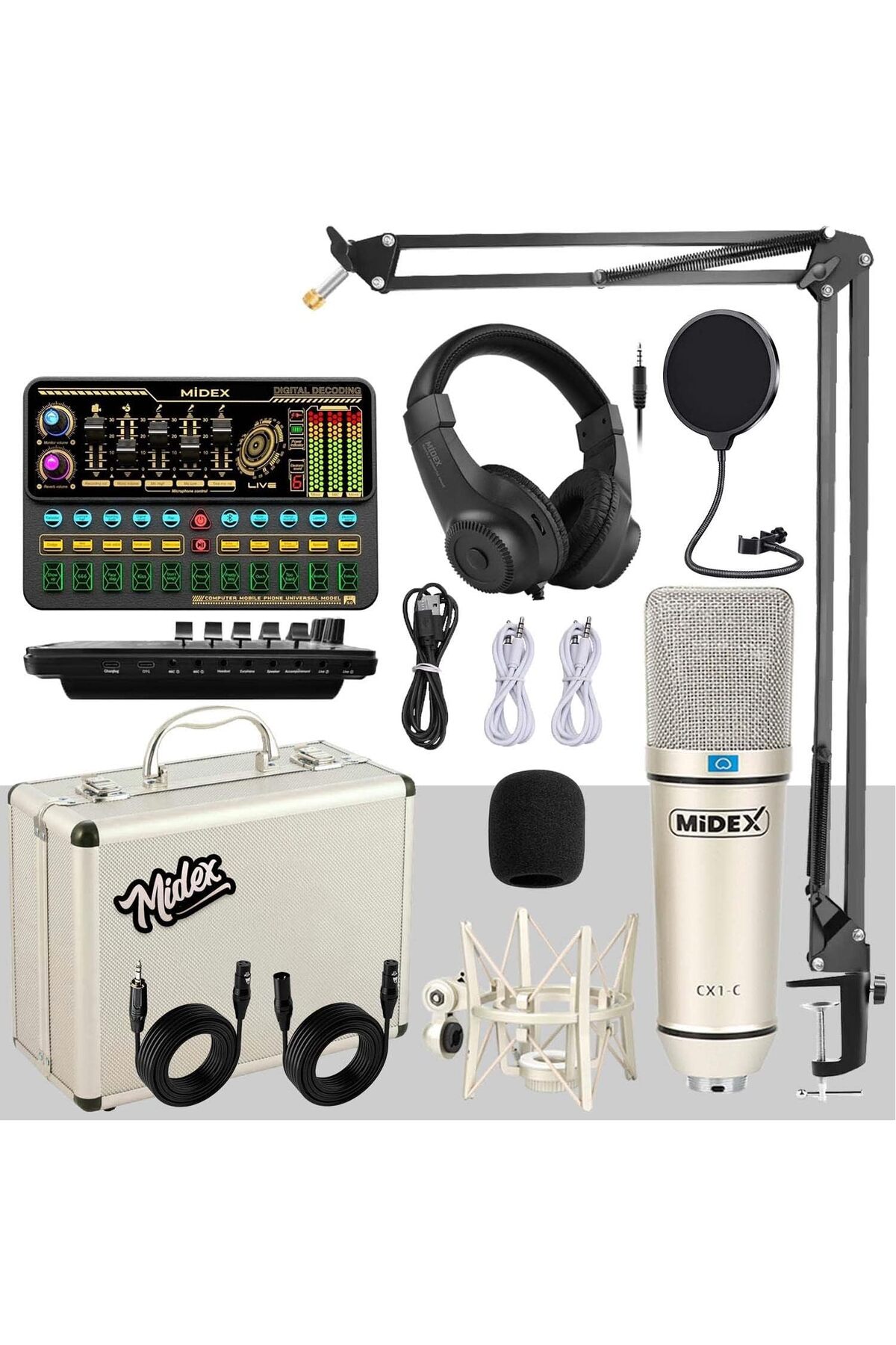 Midex Cx1 Platinium Set Efektli Ses Kartı Fon Stand Kayıt Canlı Yayın Seti (PC VE TELEFON)