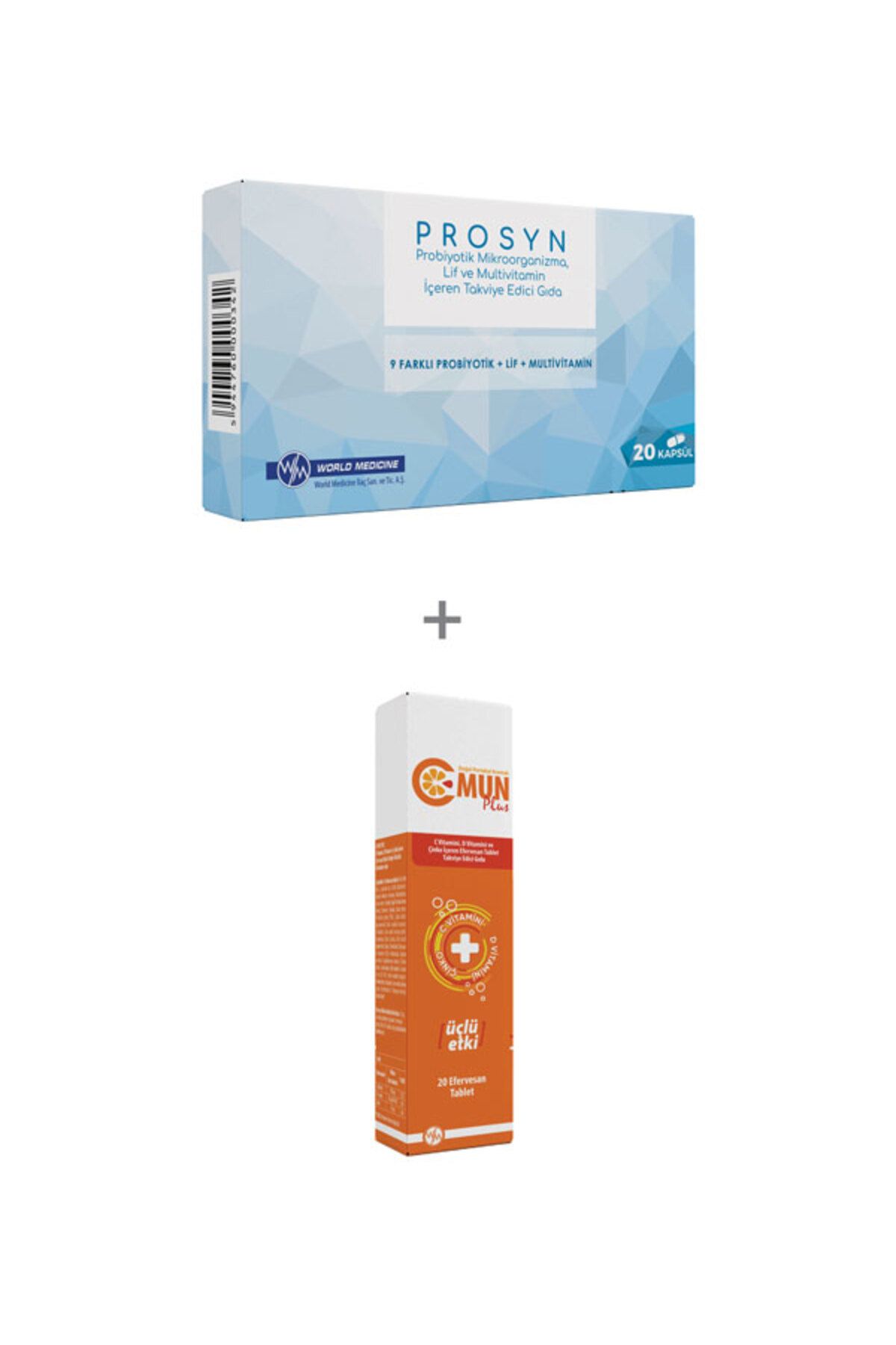 WORLD MEDİCİNE Prosyn Probiyotik,Prebiyotik ve Lif İçeren Takviye Edici Gıda + C-Mun Plus Efervesan Tablet