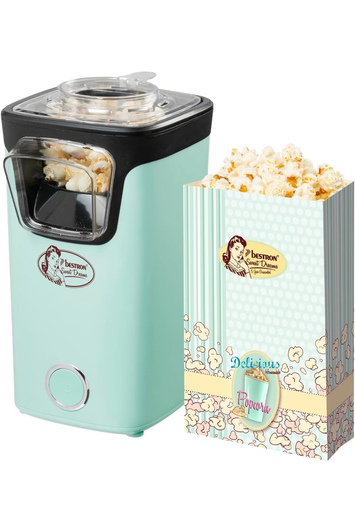 bestron-Popcorn Machine, 2 Minutes, Hot Air, 10 Bags, Measuring Cup, Sweet Dreams Series 1